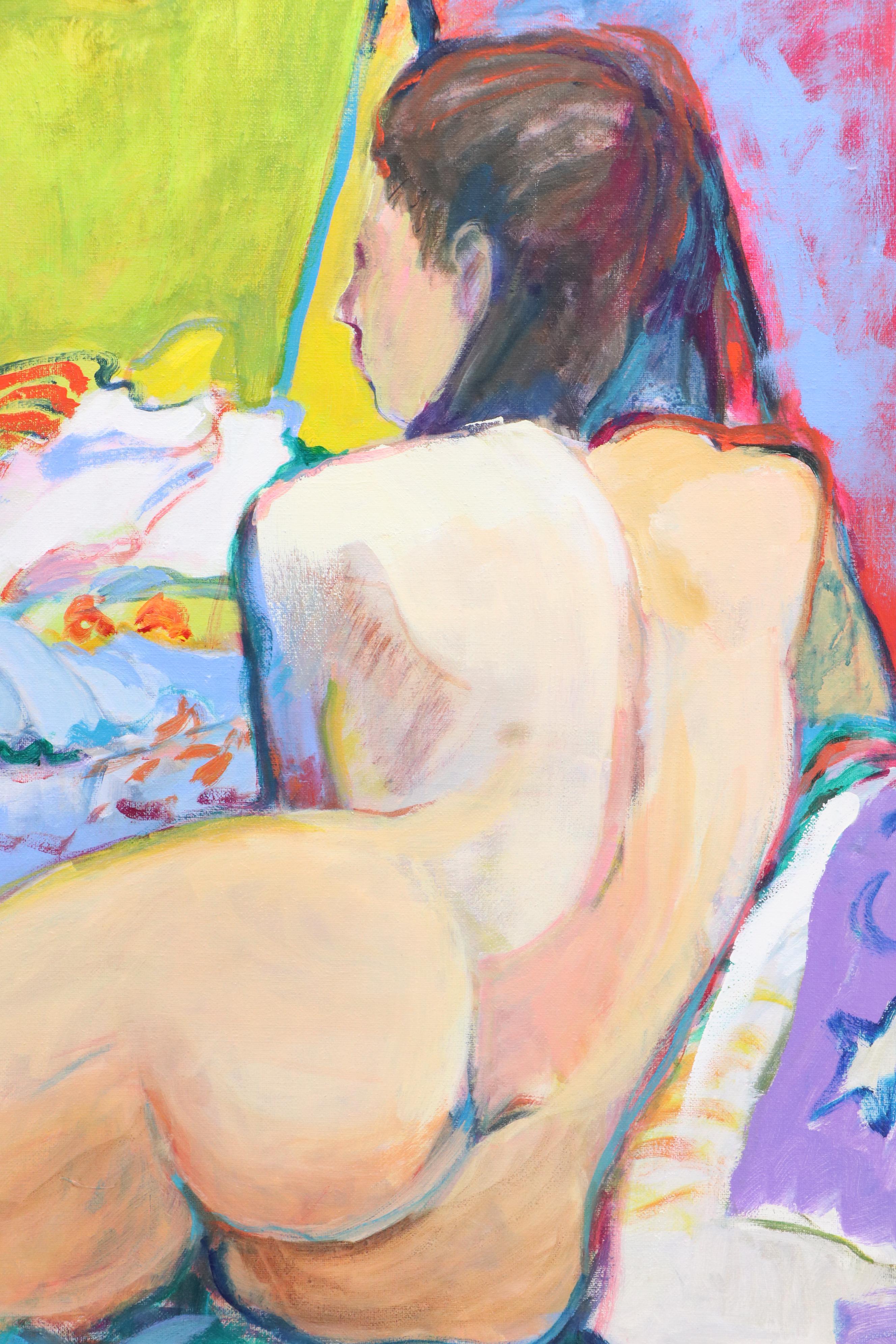 Vibrant Nude Figural Acrylic Painting with Woman and Mirror