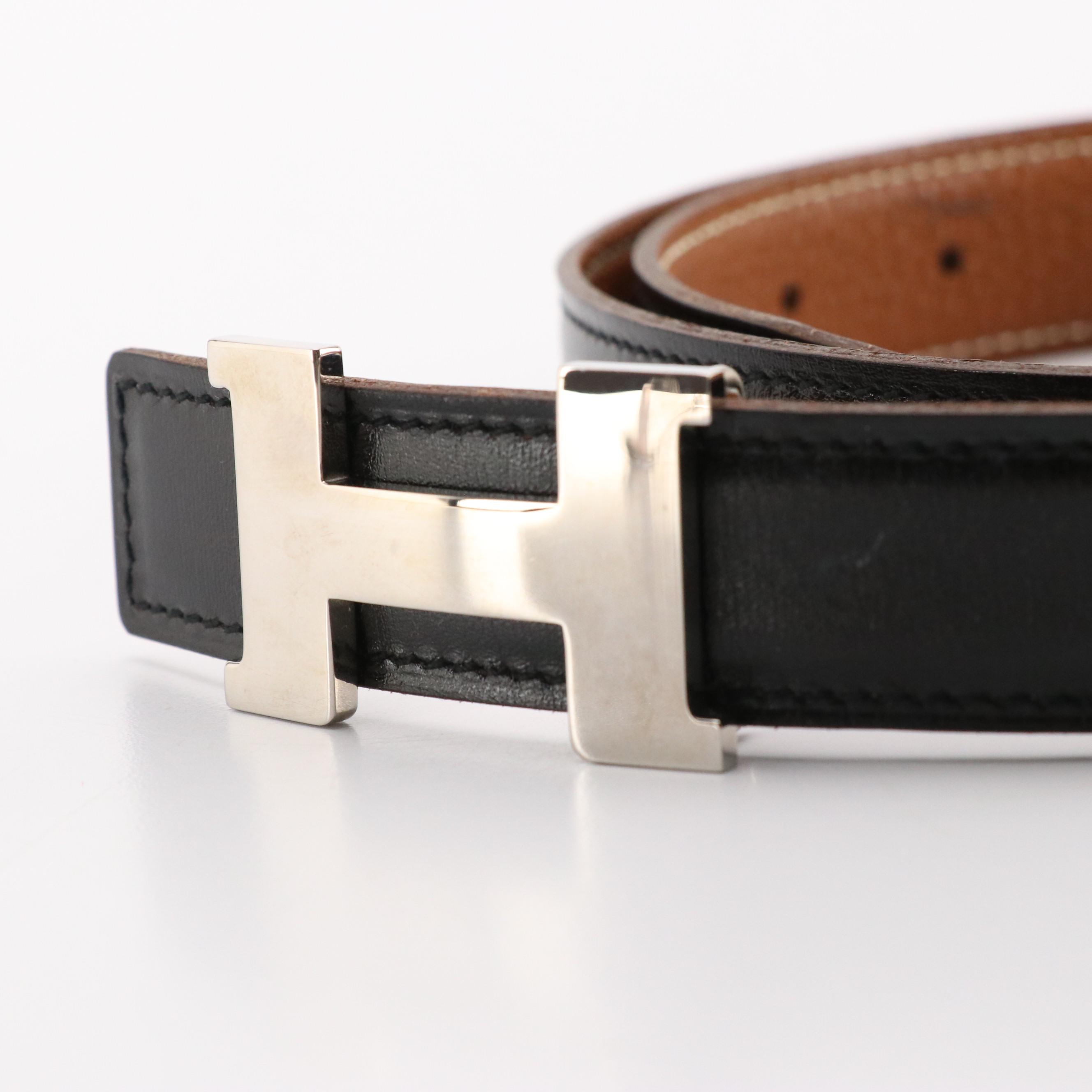 Hermès H Constance Reversible Black/Brown Leather Belt in Box
