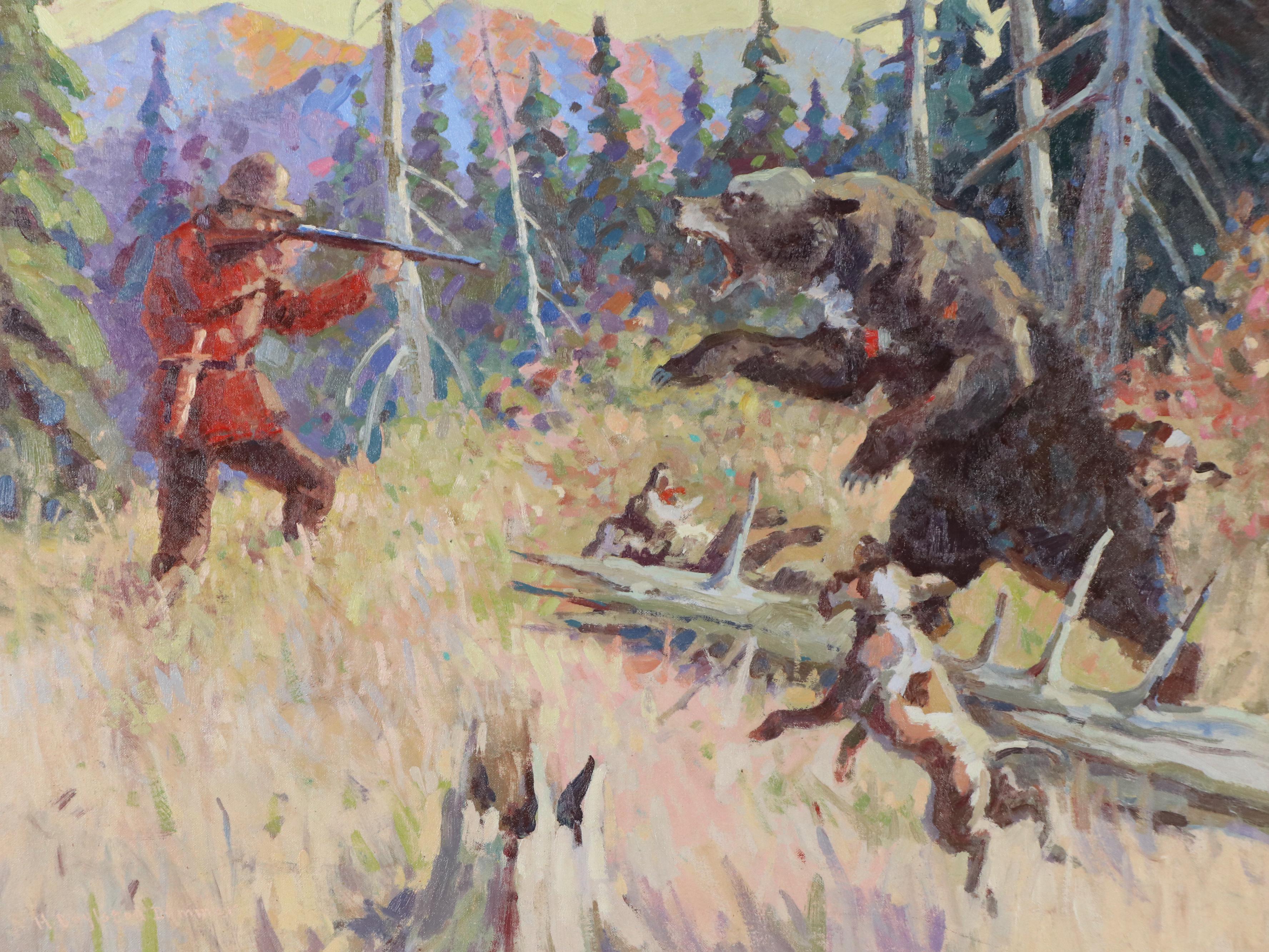 H. Boylston Dummer Oil Painting of Hunting Scene with Bear and Dogs, 1938