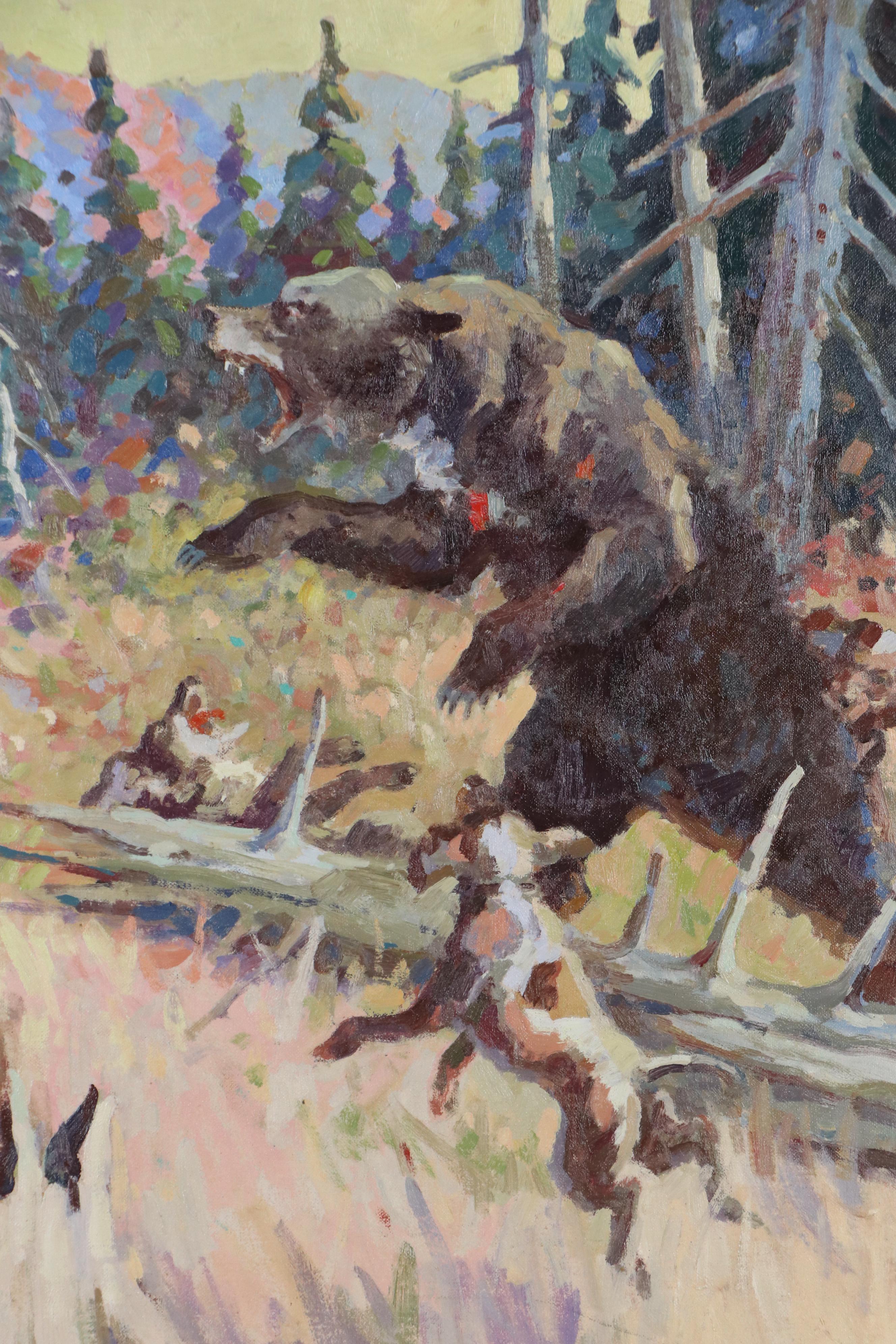 H. Boylston Dummer Oil Painting of Hunting Scene with Bear and Dogs, 1938