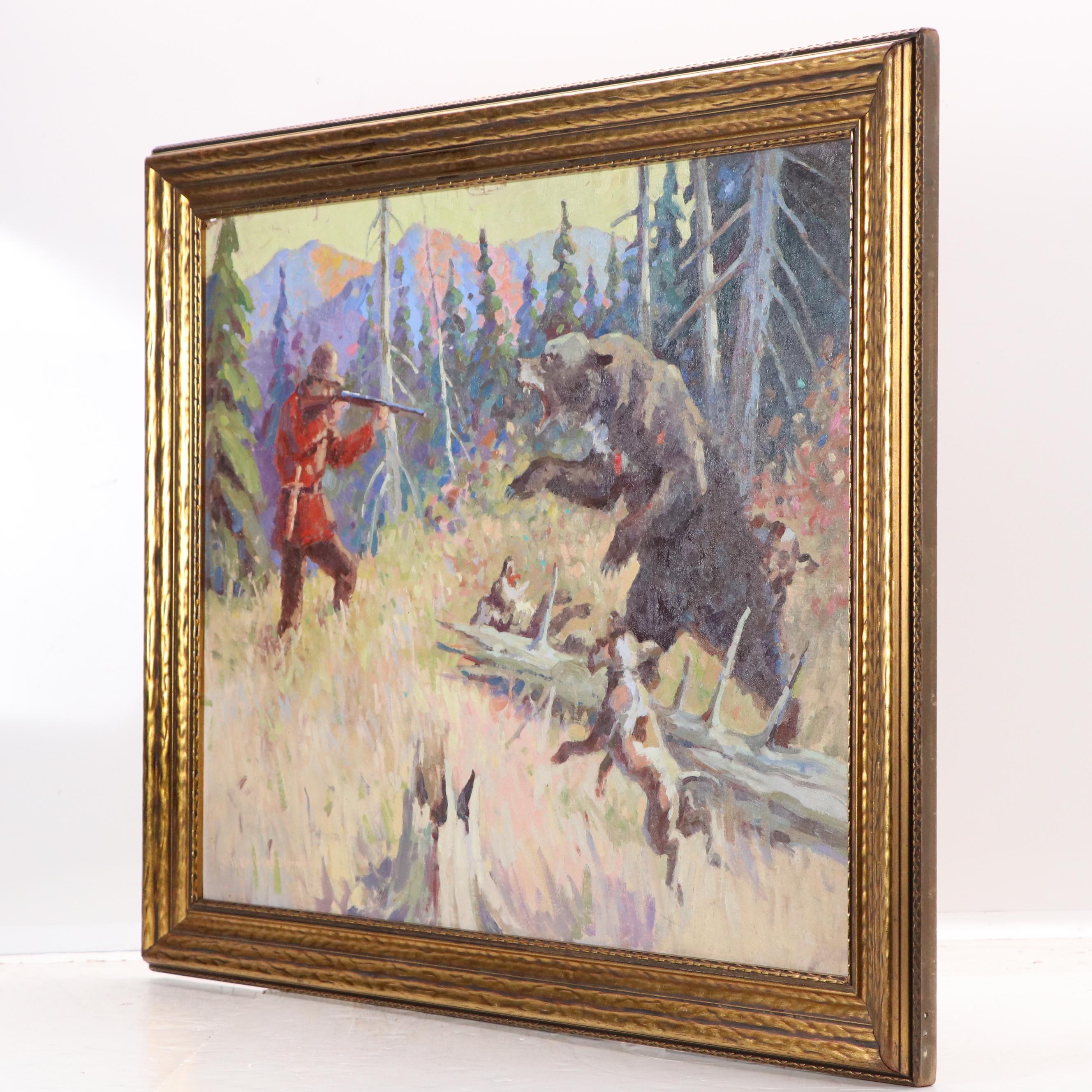 H. Boylston Dummer Oil Painting of Hunting Scene with Bear and Dogs, 1938