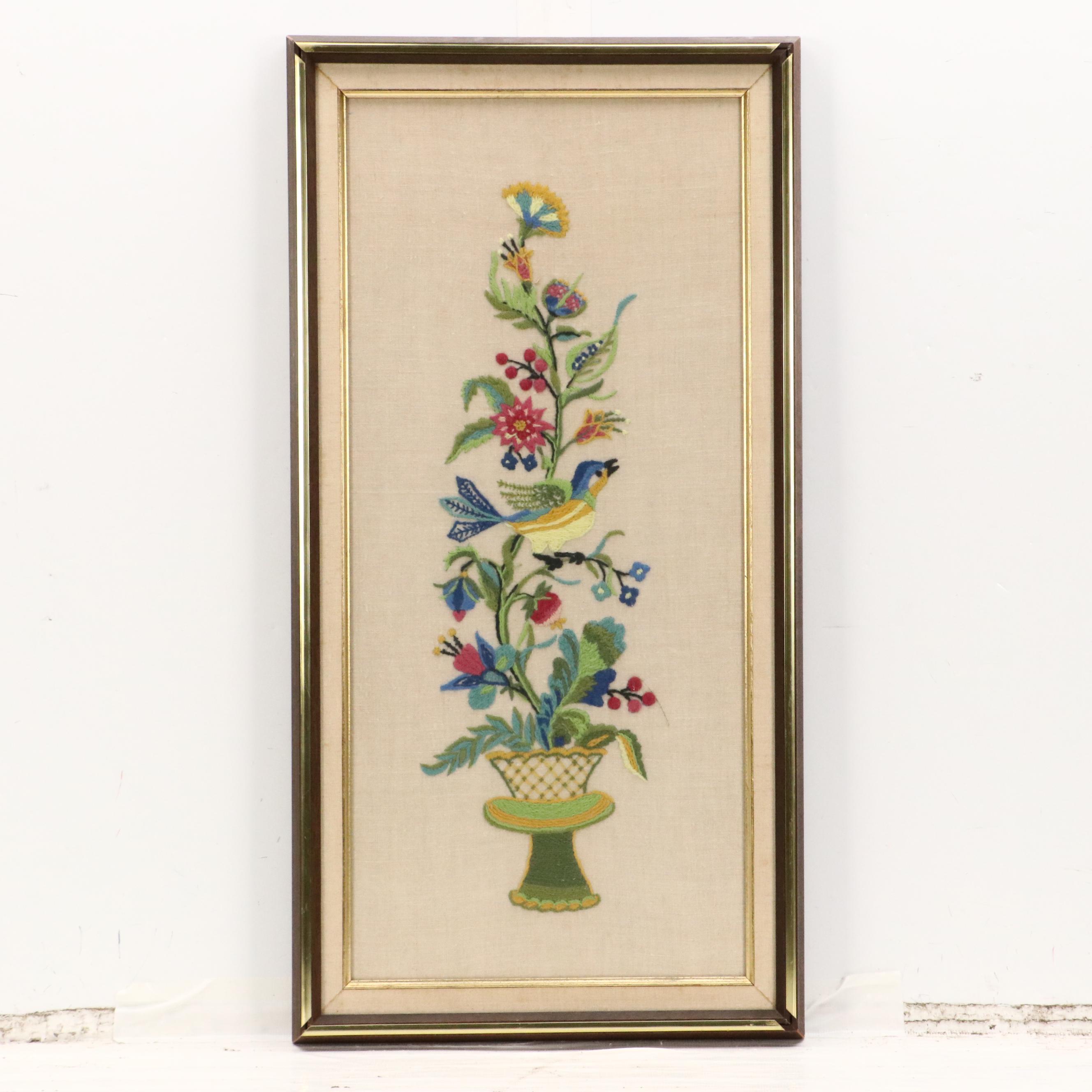 Two Crewel Embroidery Panels With Floral and Bird Motifs, 20th Century