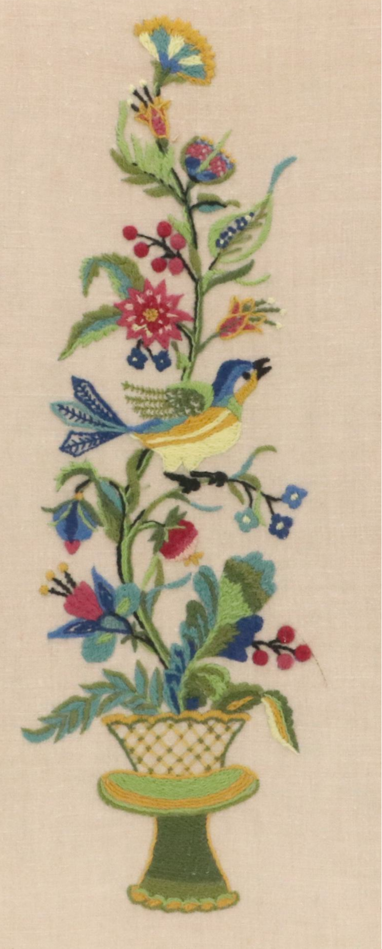 Two Crewel Embroidery Panels With Floral and Bird Motifs, 20th Century