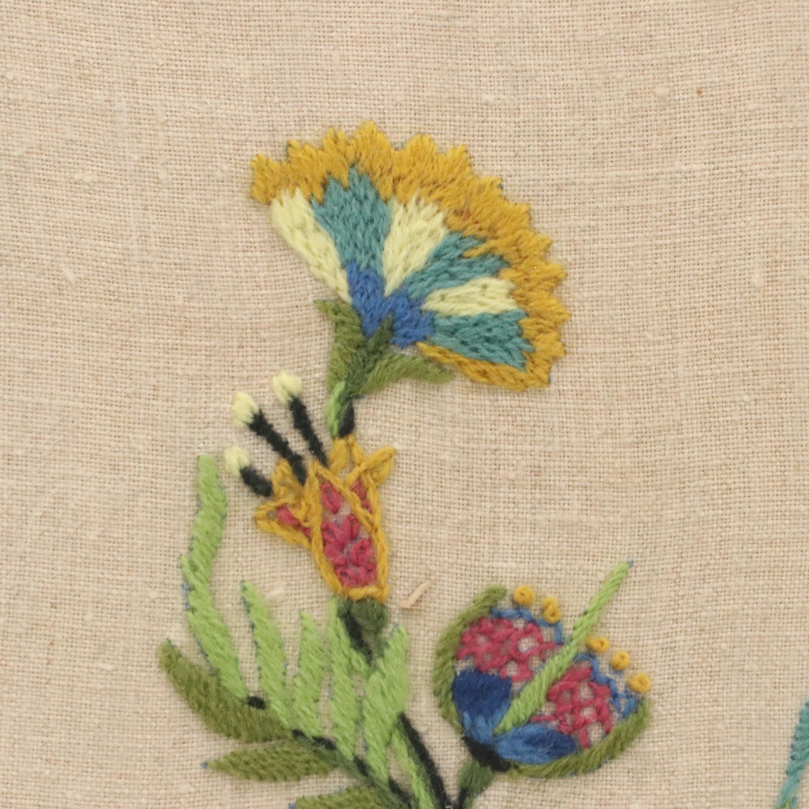 Two Crewel Embroidery Panels With Floral and Bird Motifs, 20th Century