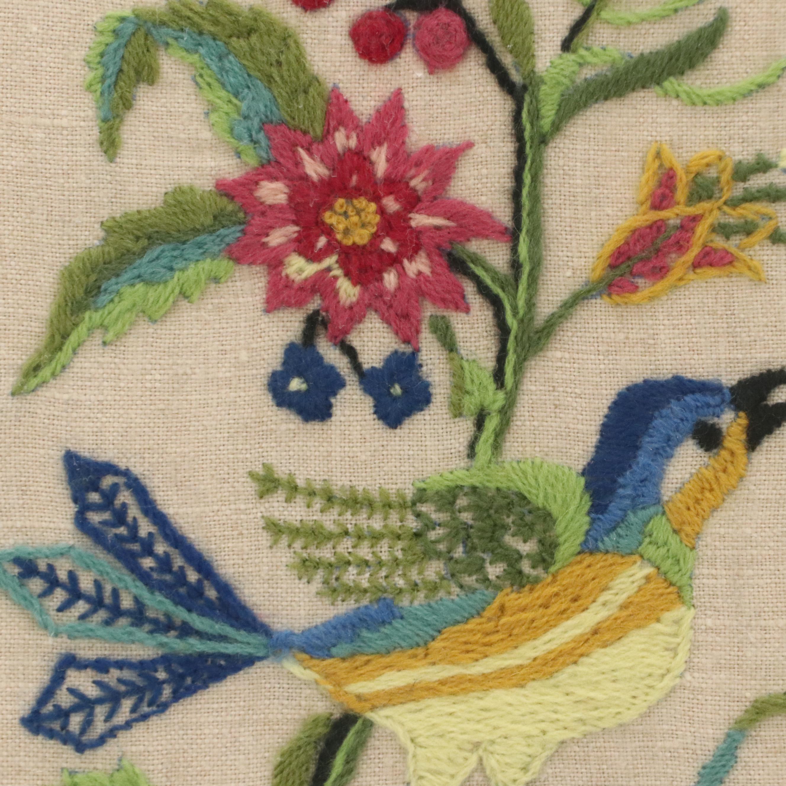 Two Crewel Embroidery Panels With Floral and Bird Motifs, 20th Century