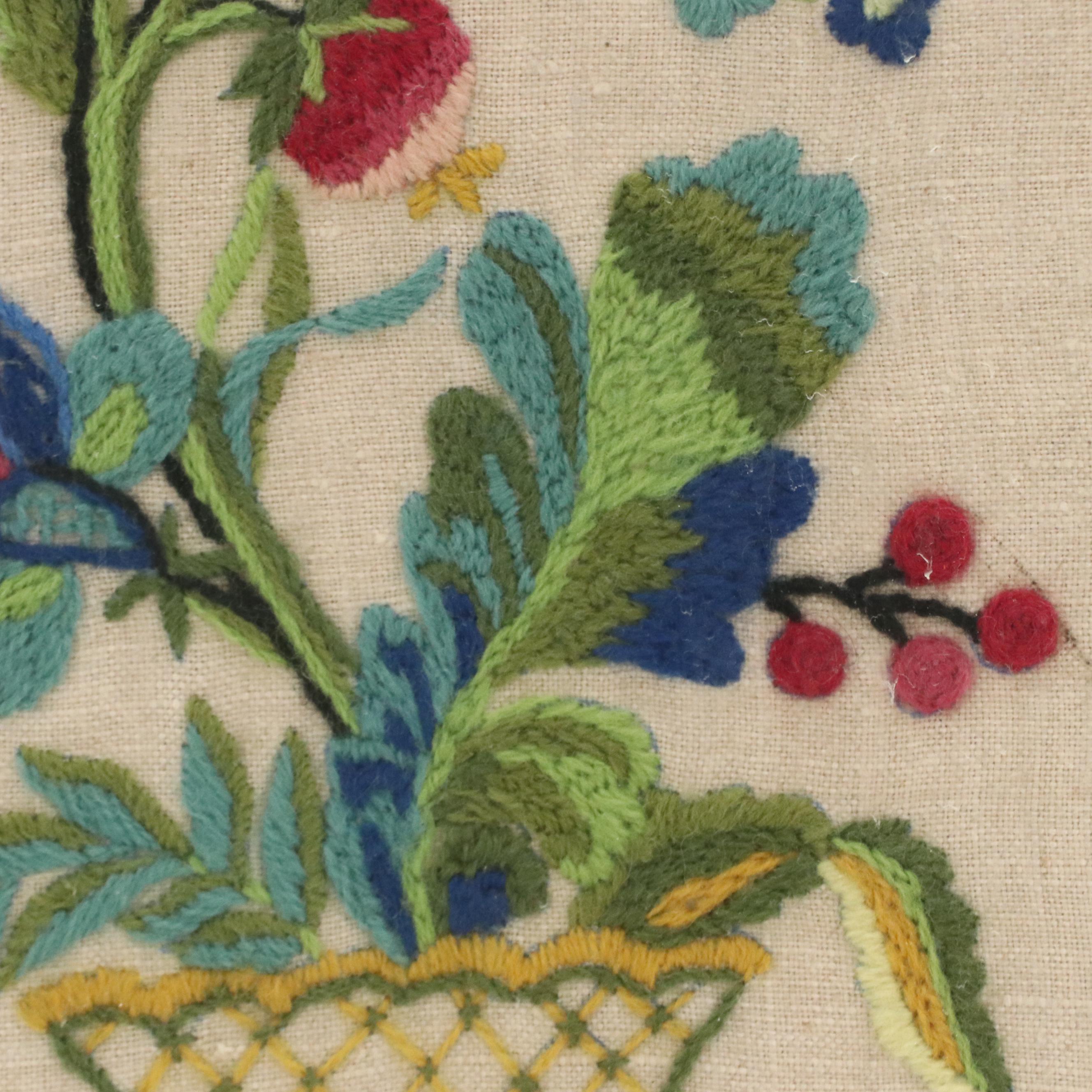 Two Crewel Embroidery Panels With Floral and Bird Motifs, 20th Century