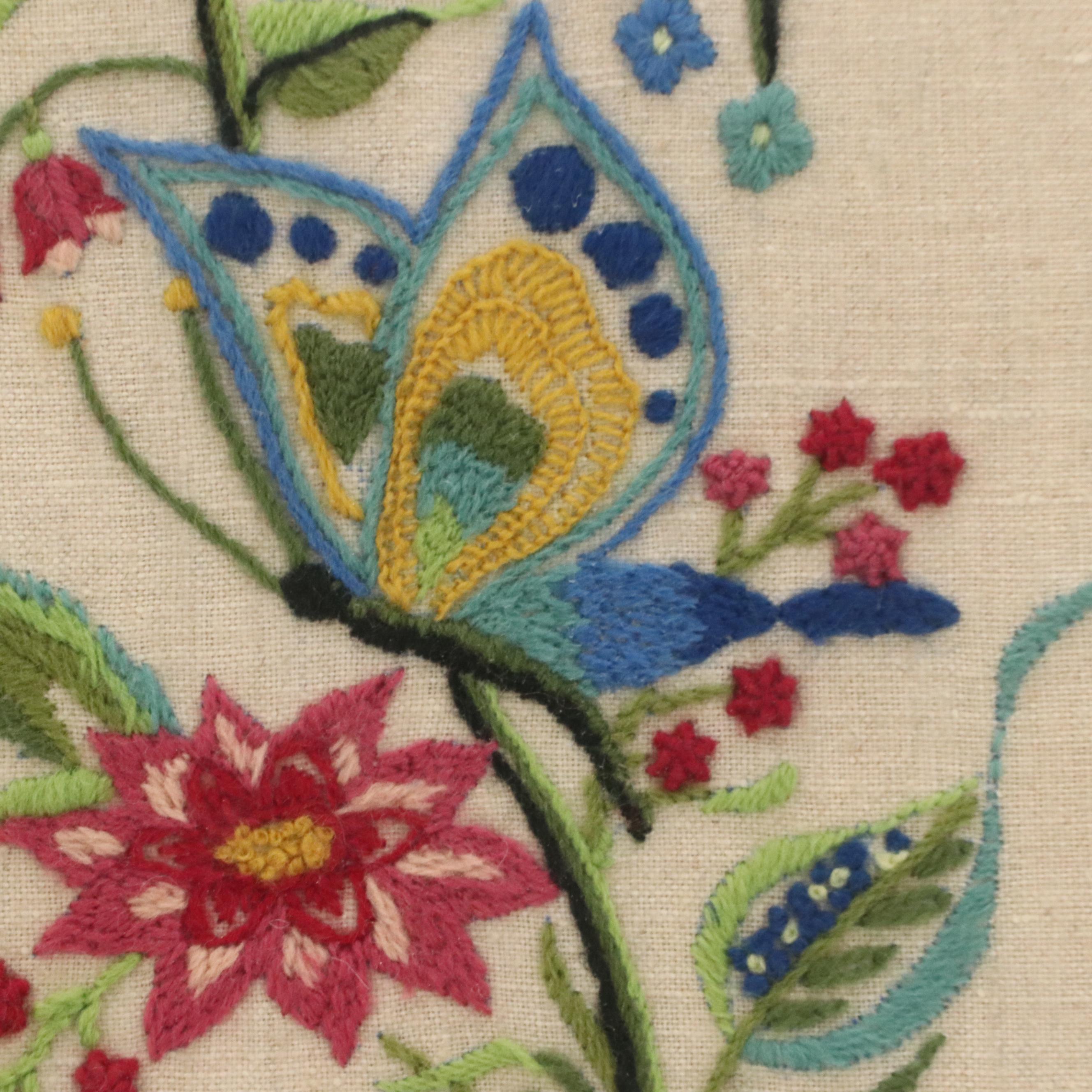 Two Crewel Embroidery Panels With Floral and Bird Motifs, 20th Century