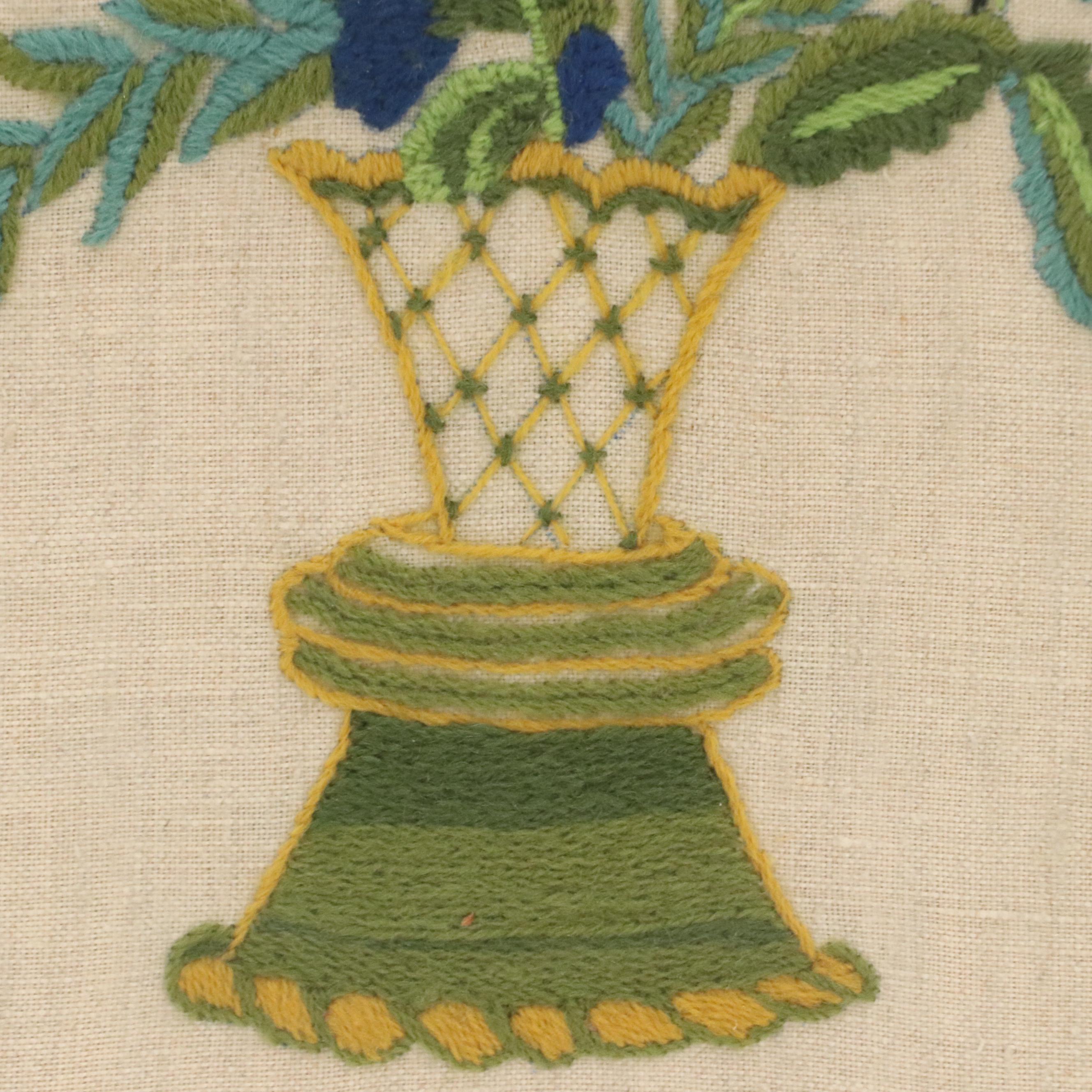 Two Crewel Embroidery Panels With Floral and Bird Motifs, 20th Century