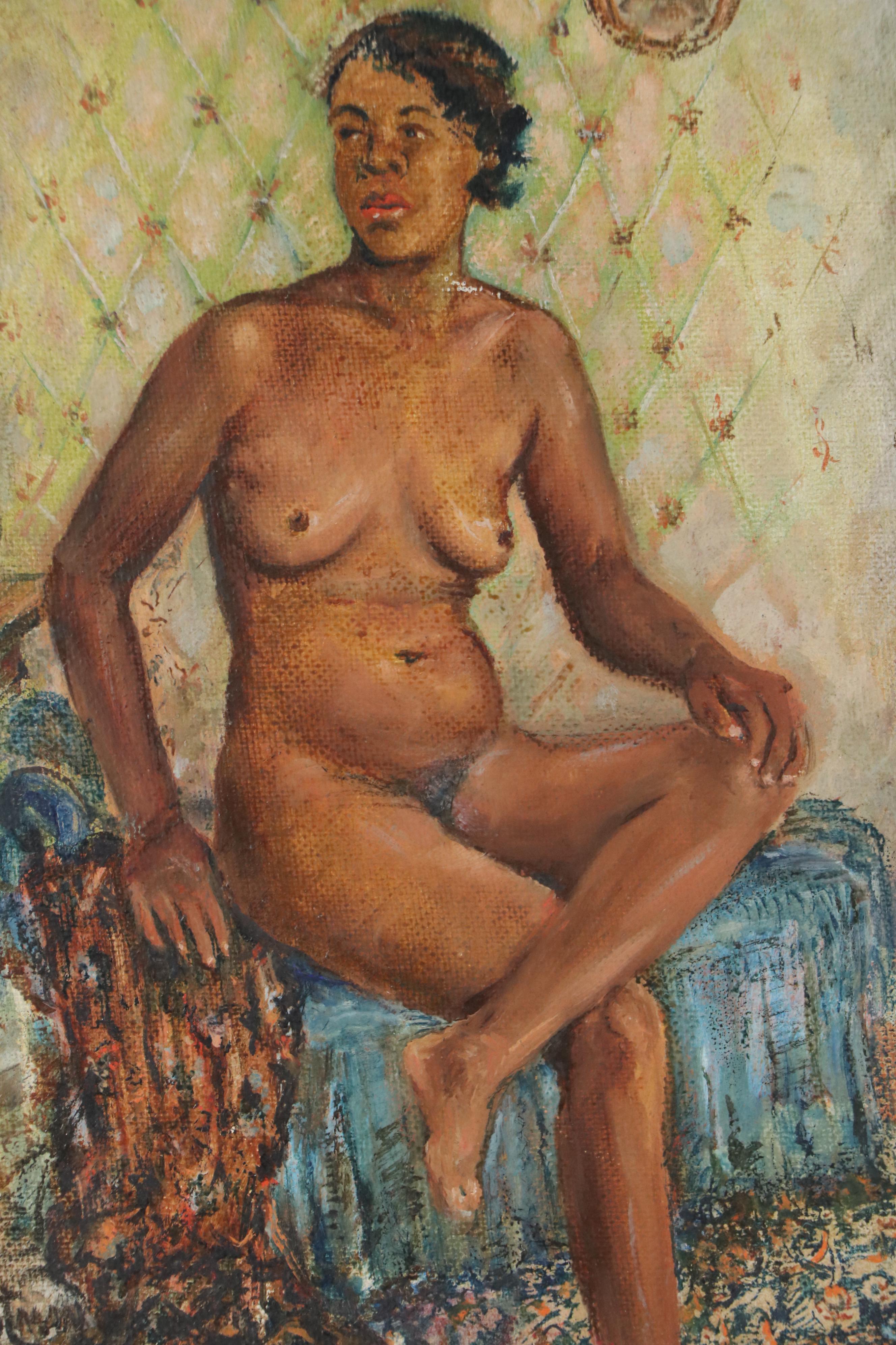 H. Rutman Nude Figural Oil Painting of Seated Woman, 20th Century