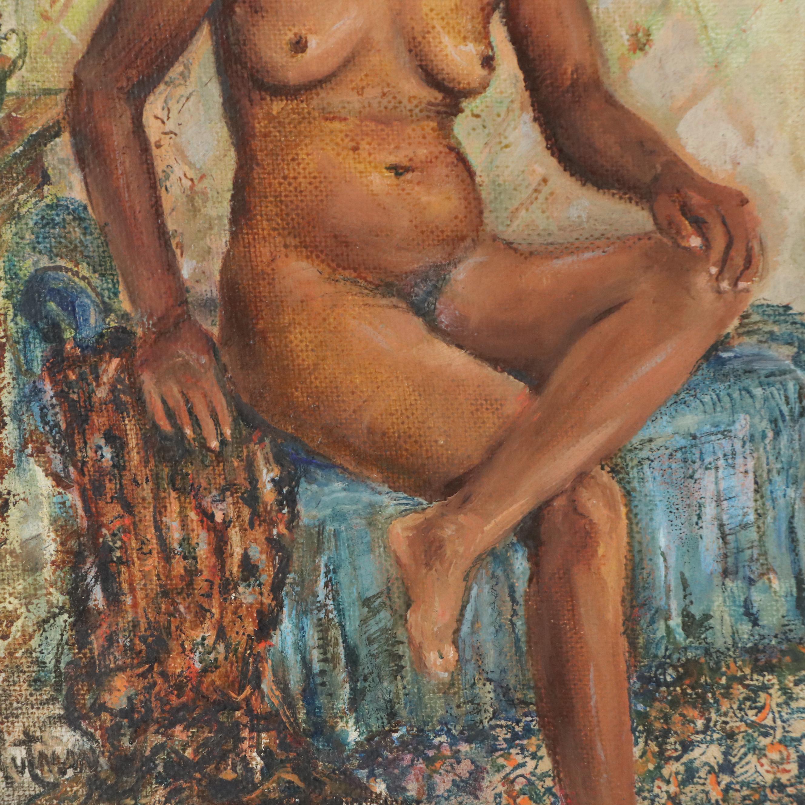 H. Rutman Nude Figural Oil Painting of Seated Woman, 20th Century