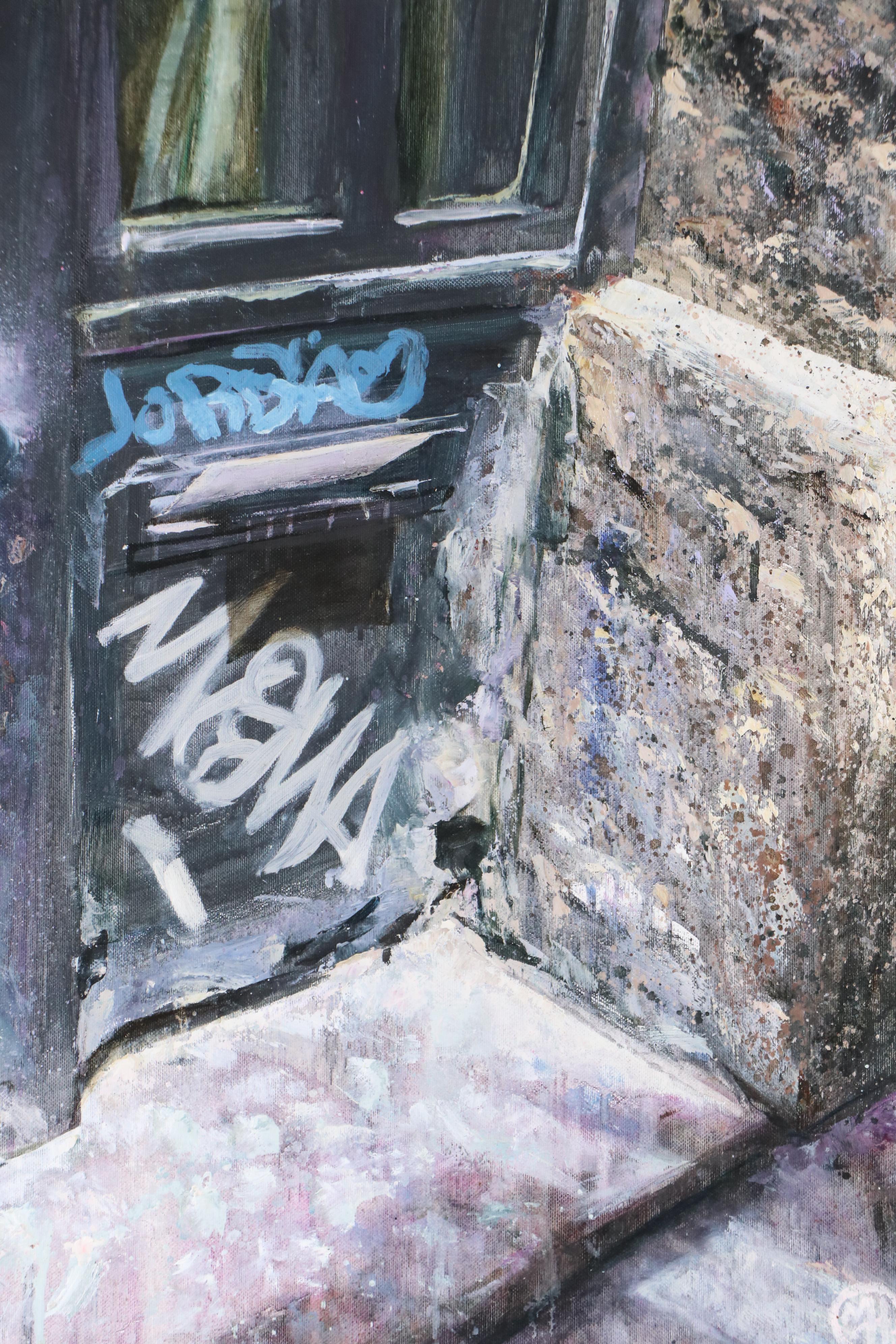 Mark Harmon Oil Painting of Door with Graffiti, 21st Century