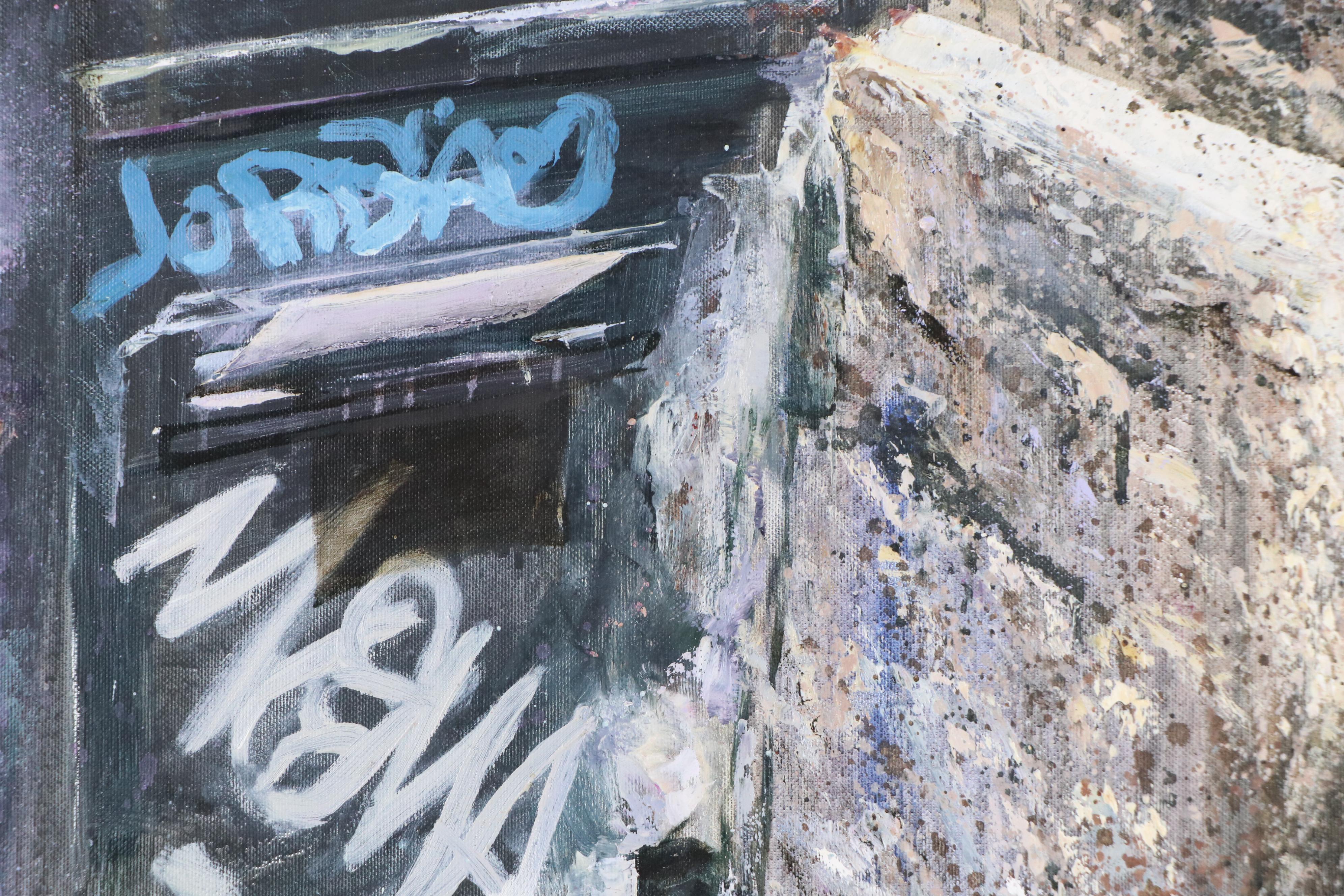 Mark Harmon Oil Painting of Door with Graffiti, 21st Century