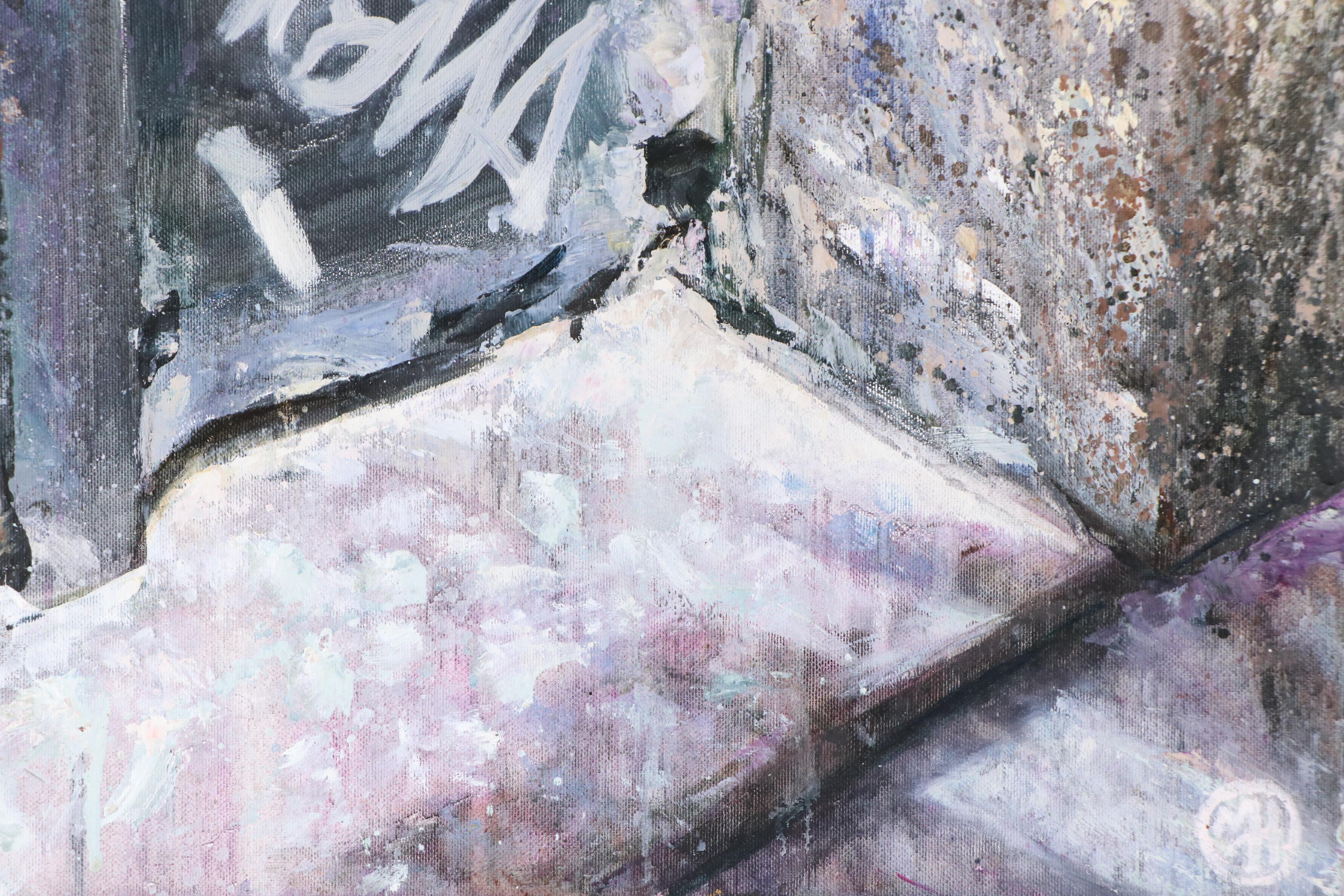 Mark Harmon Oil Painting of Door with Graffiti, 21st Century