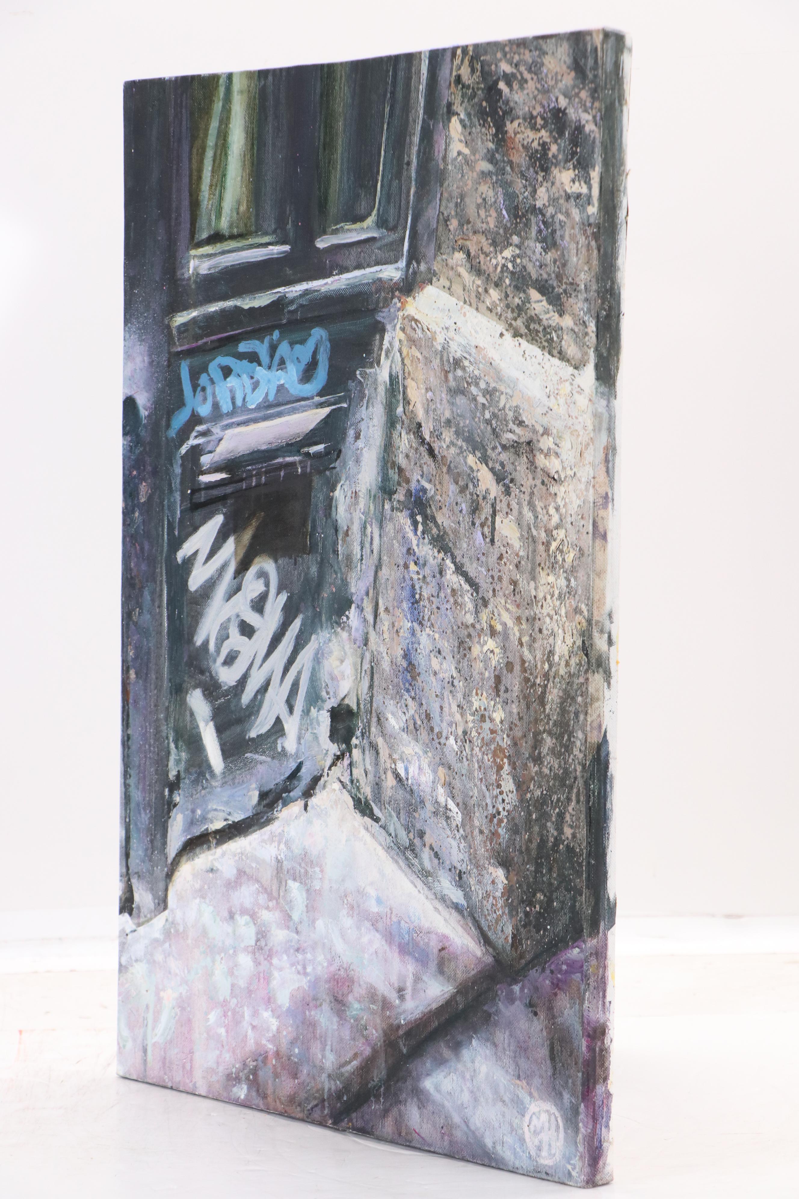 Mark Harmon Oil Painting of Door with Graffiti, 21st Century