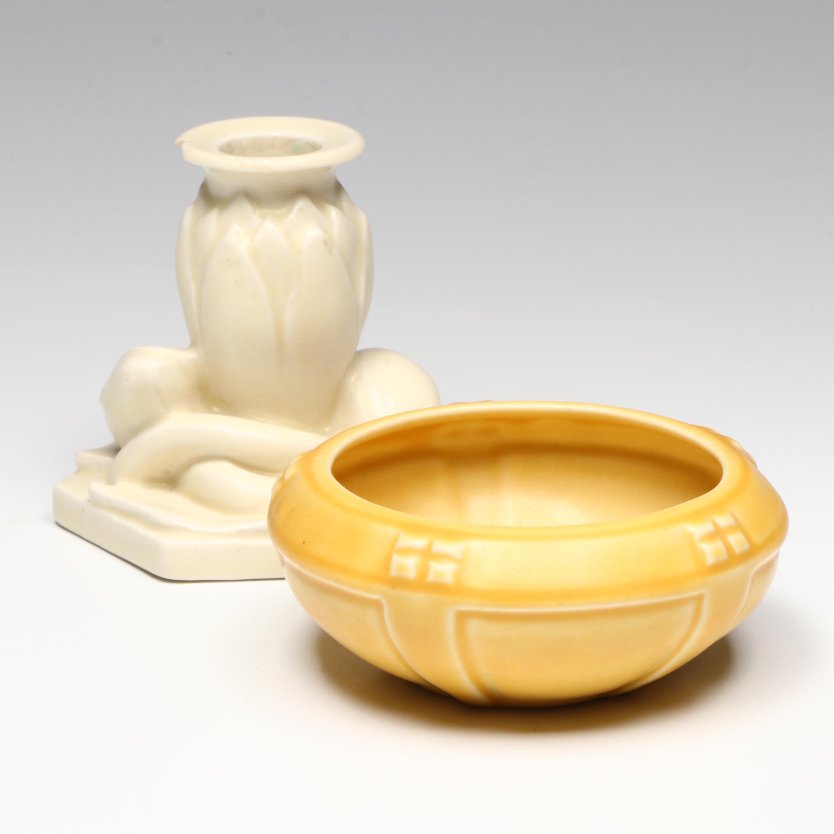 Rookwood Pottery Art Deco Style Bowl and Lotus Candle Holder, 1920s
