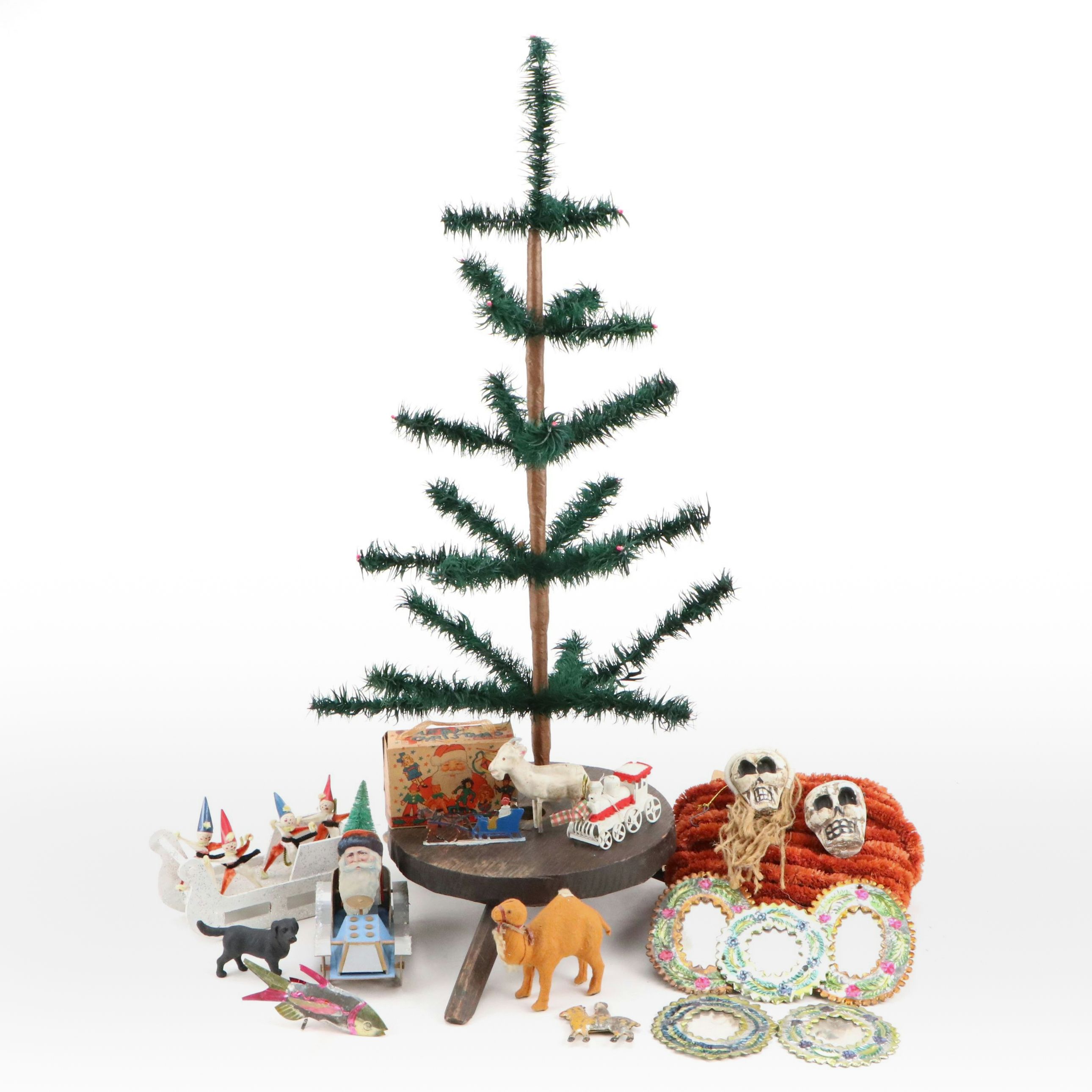 Victorian Style Feather Tree with German Zinnfigur and Other Holiday Decor