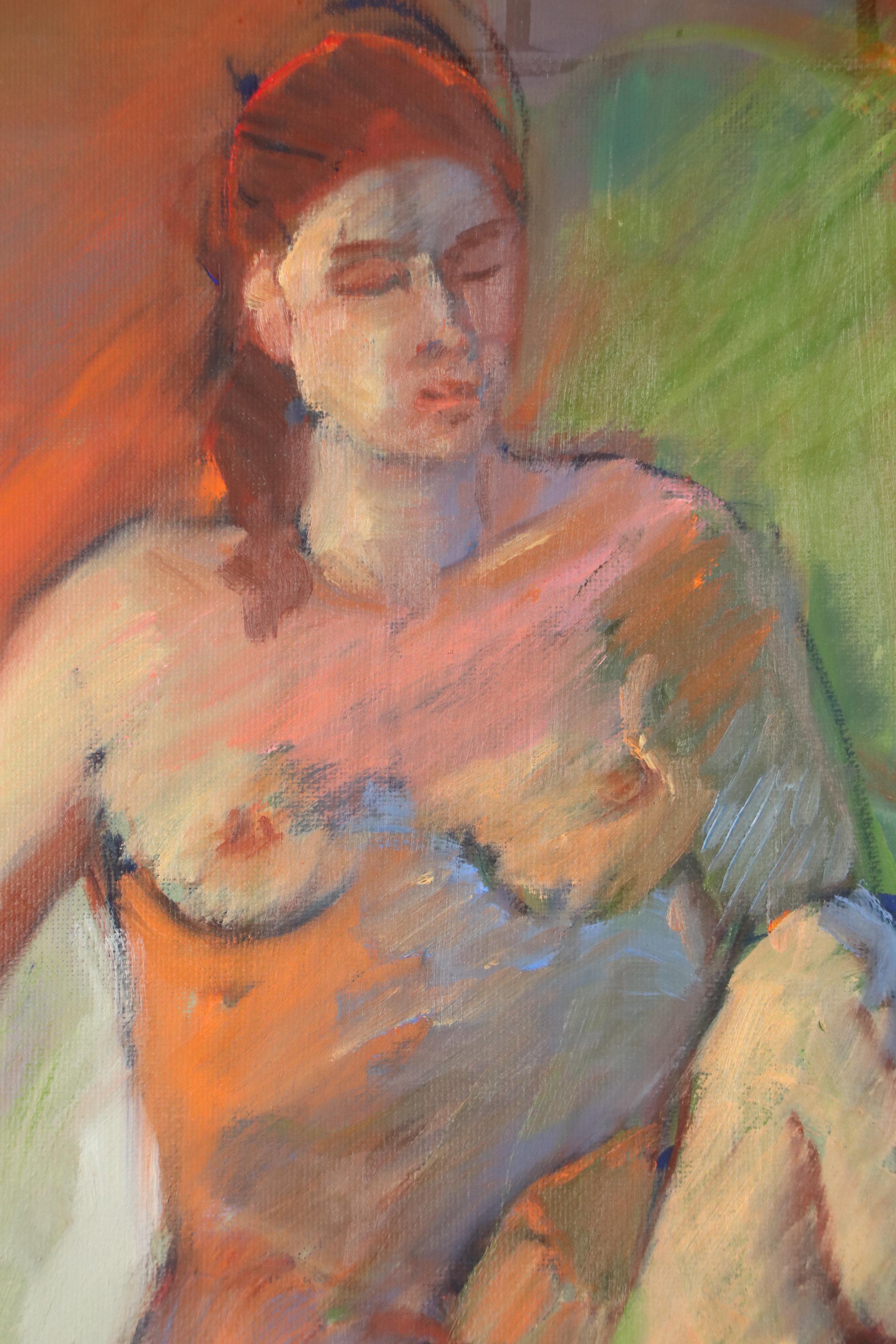 Stylized Figural Oil Painting of Seated Nude Woman