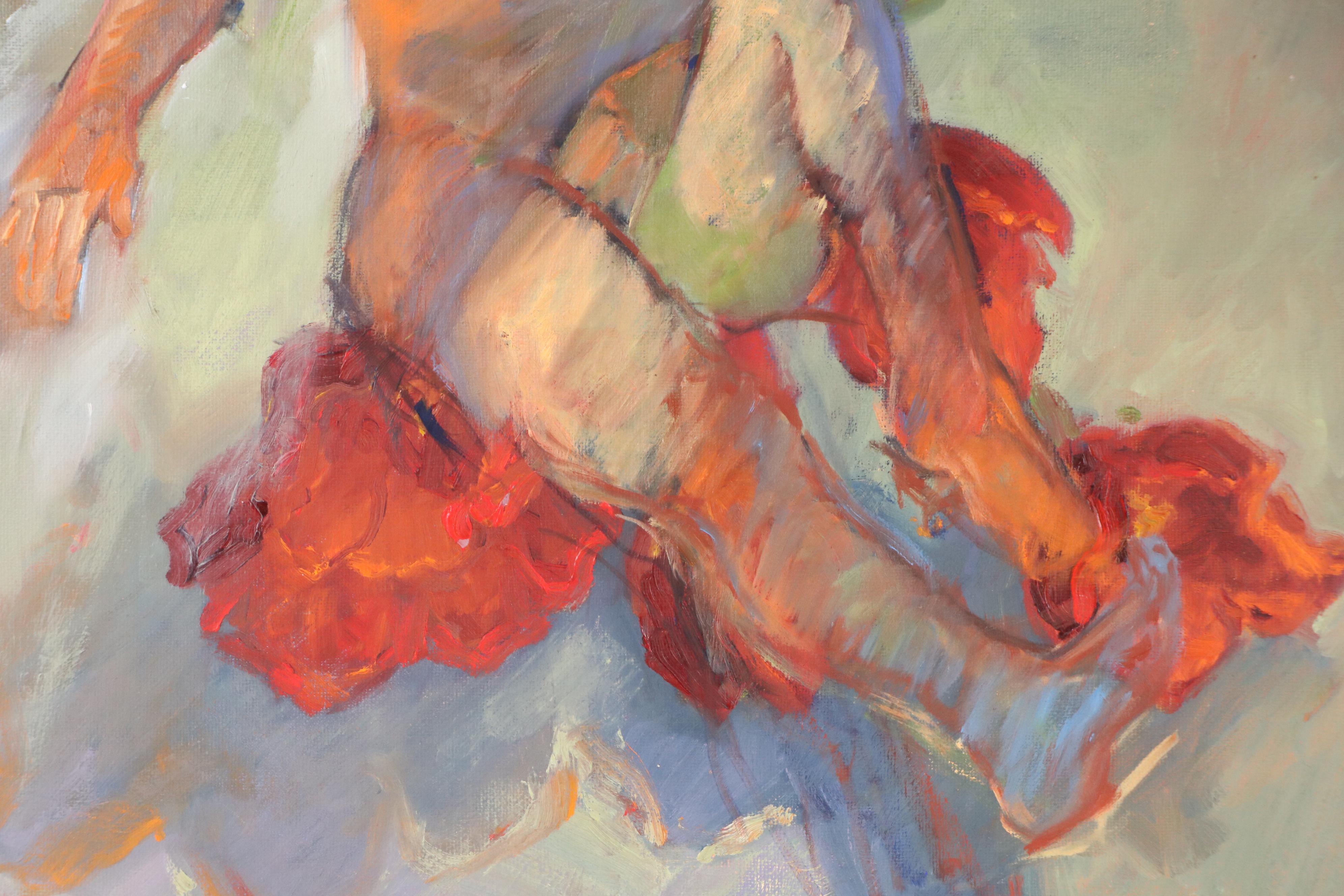 Stylized Figural Oil Painting of Seated Nude Woman