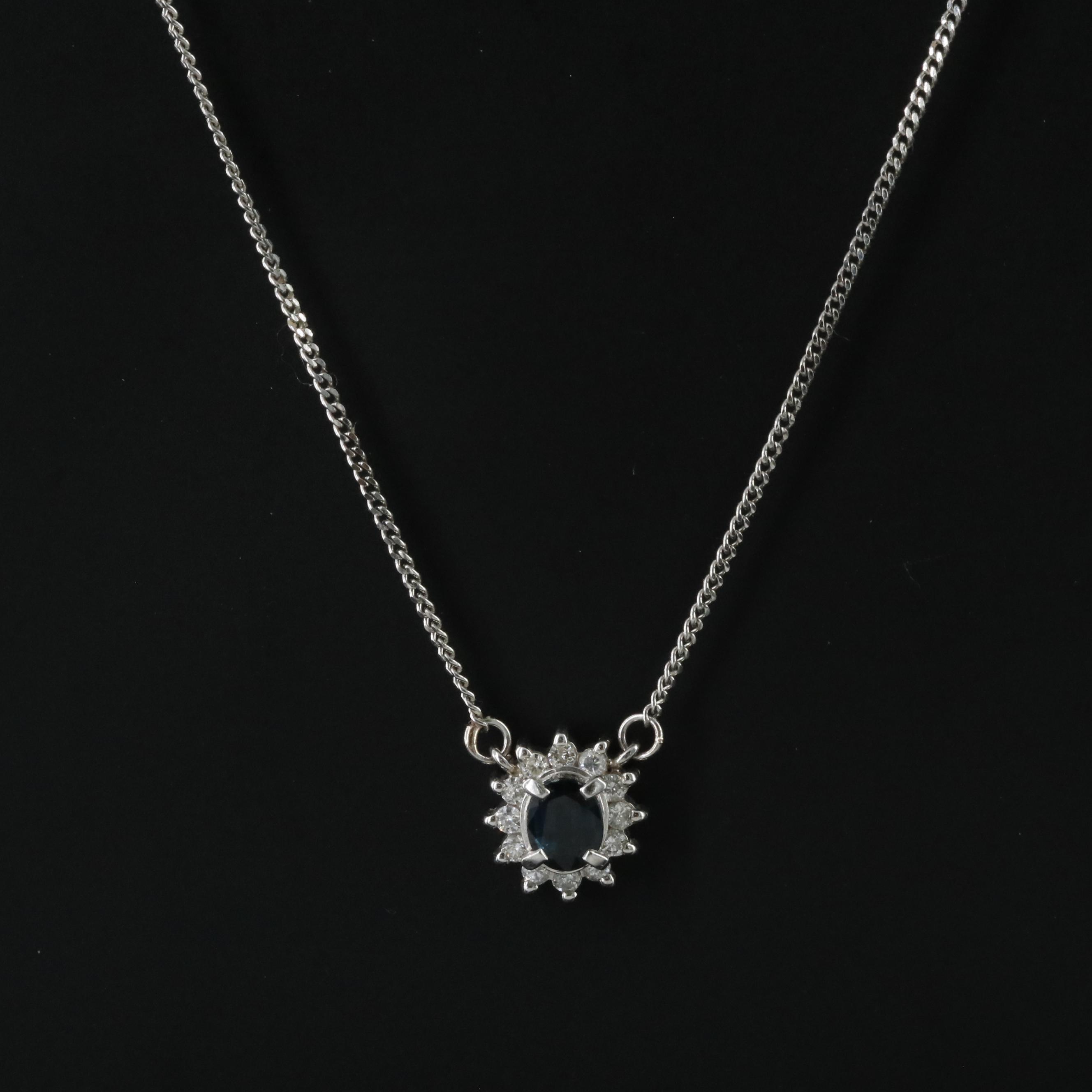 Platinum Sapphire and Diamond Halo Necklace