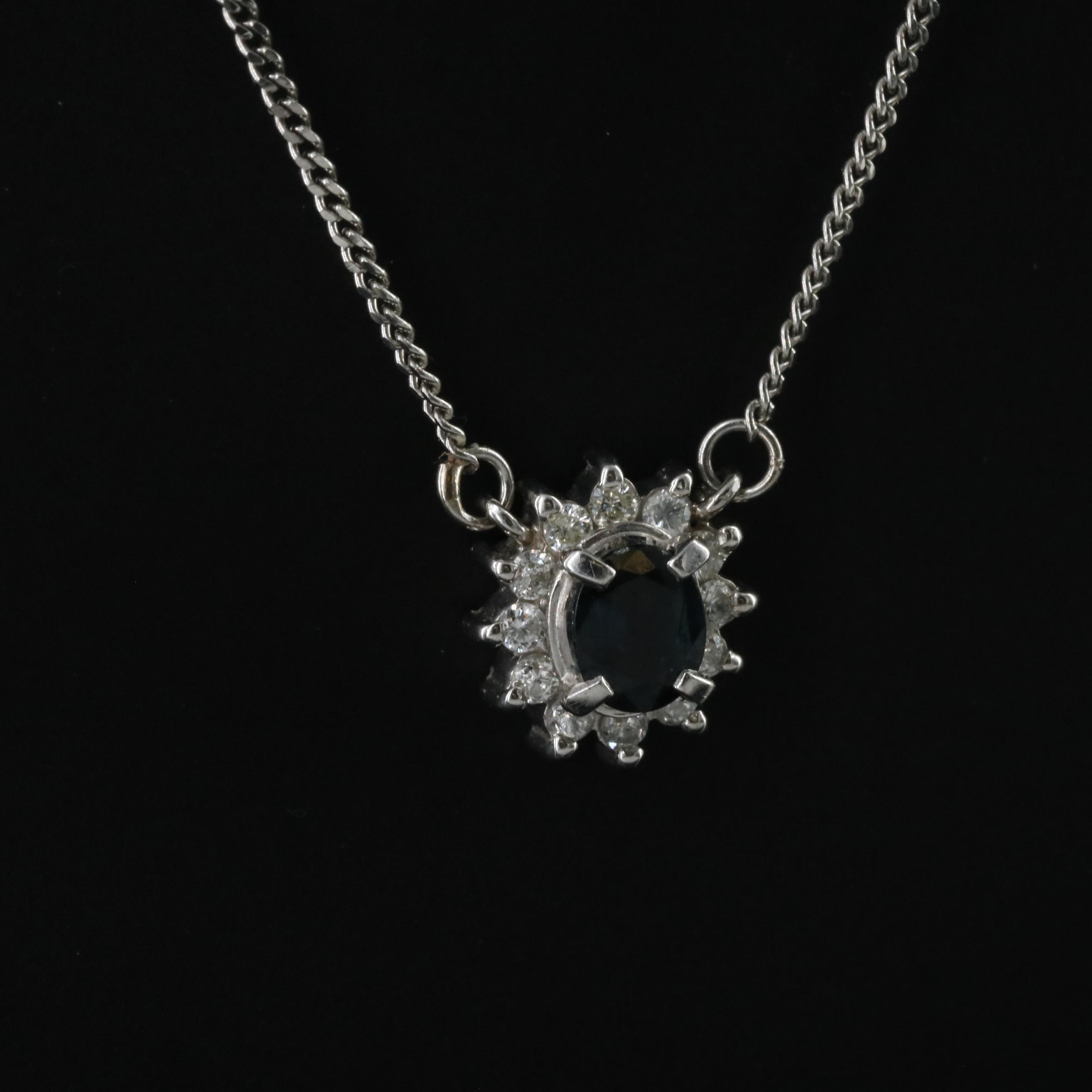 Platinum Sapphire and Diamond Halo Necklace