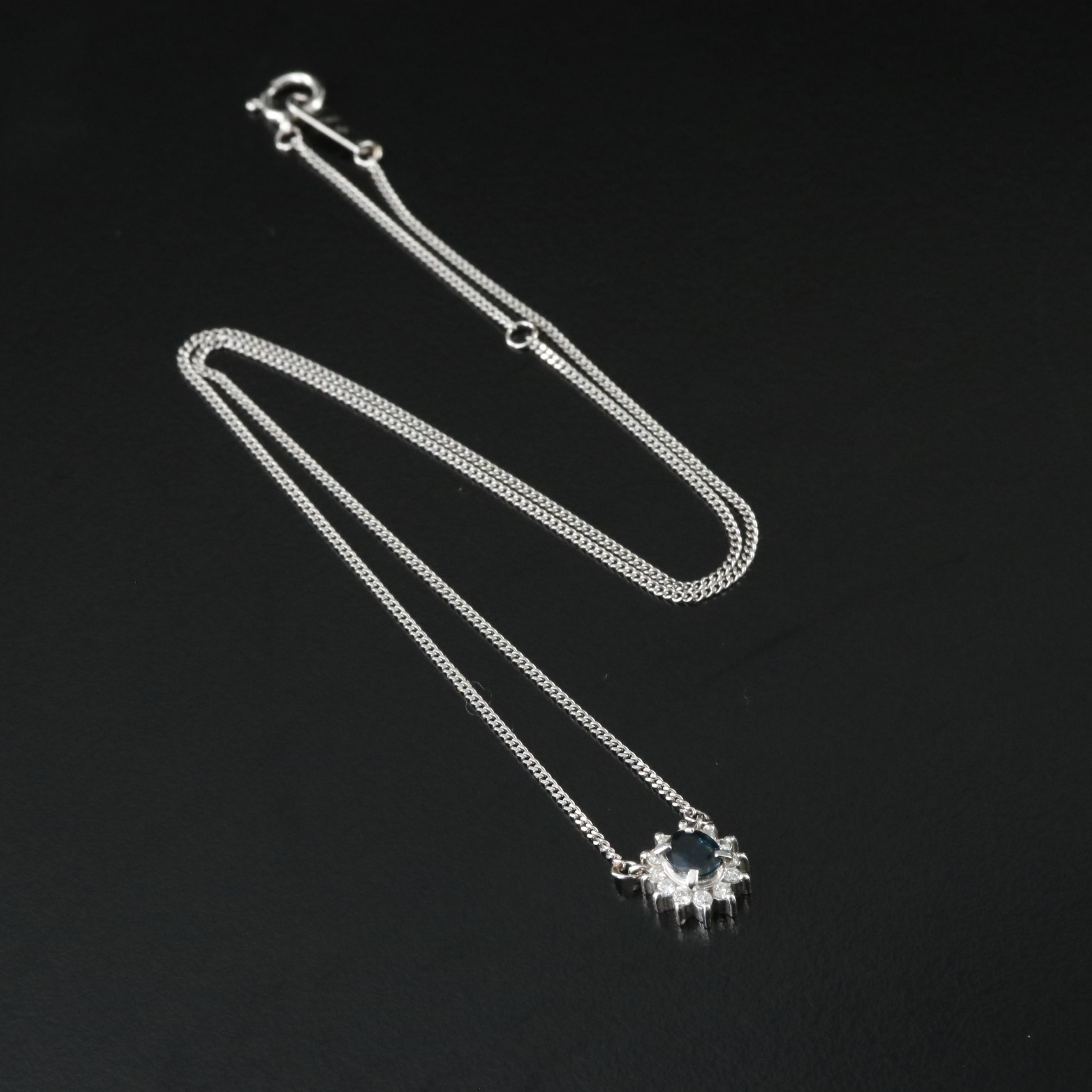 Platinum Sapphire and Diamond Halo Necklace