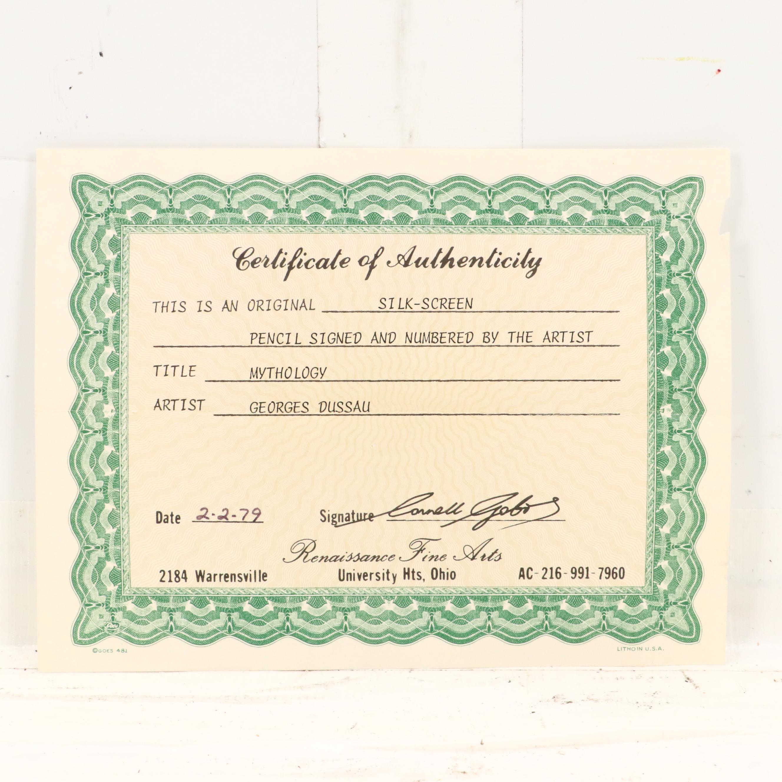 Georges Dussau Serigraph "Mythology," Circa 1979