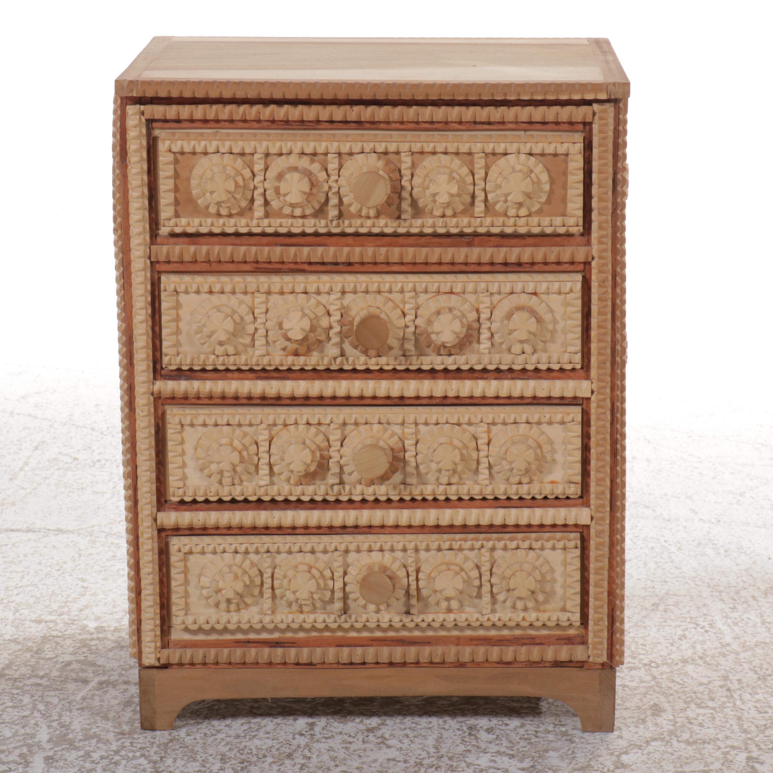 Robert Beaven American Folk Art Chip Carved Four-Drawer Chest, 20th Century