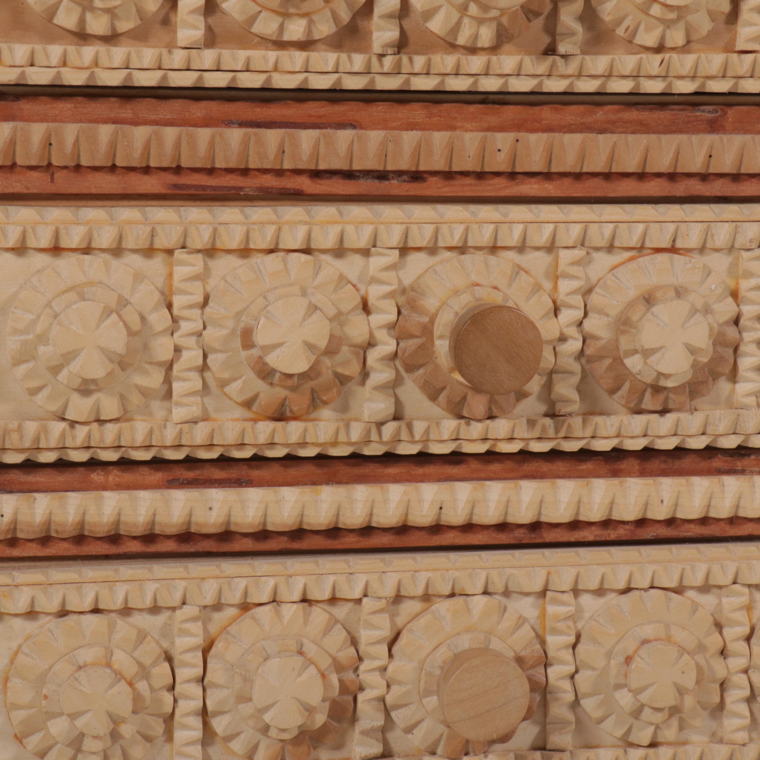 Robert Beaven American Folk Art Chip Carved Four-Drawer Chest, 20th Century