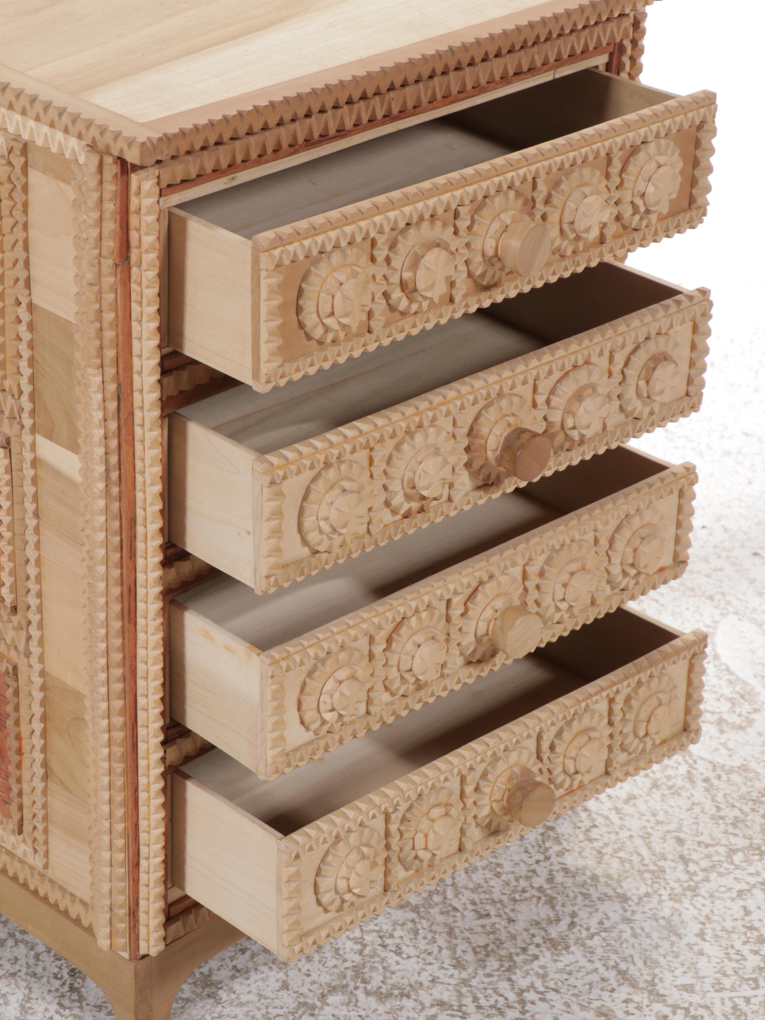 Robert Beaven American Folk Art Chip Carved Four-Drawer Chest, 20th Century