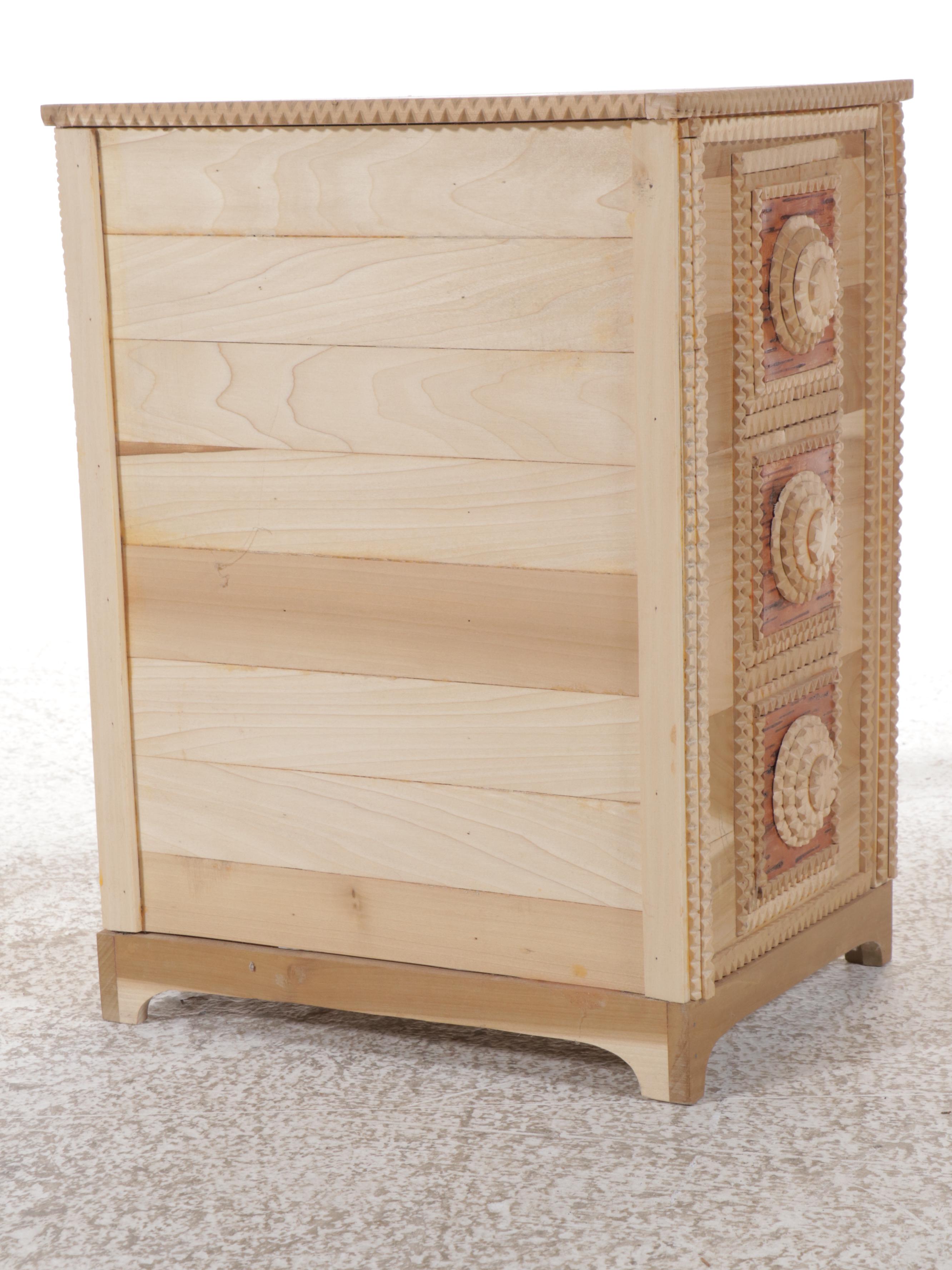 Robert Beaven American Folk Art Chip Carved Four-Drawer Chest, 20th Century