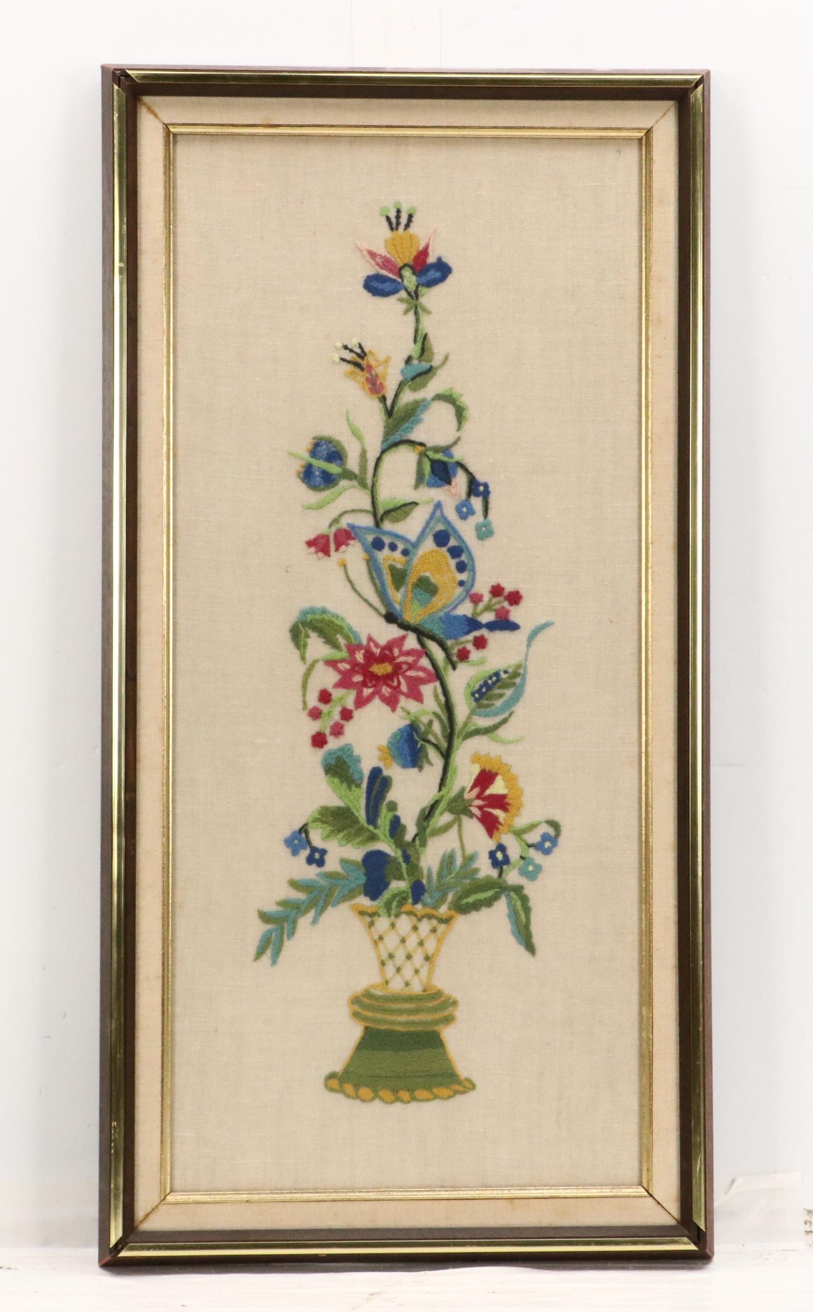 Two Crewel Embroidery Panels With Floral and Bird Motifs, 20th Century