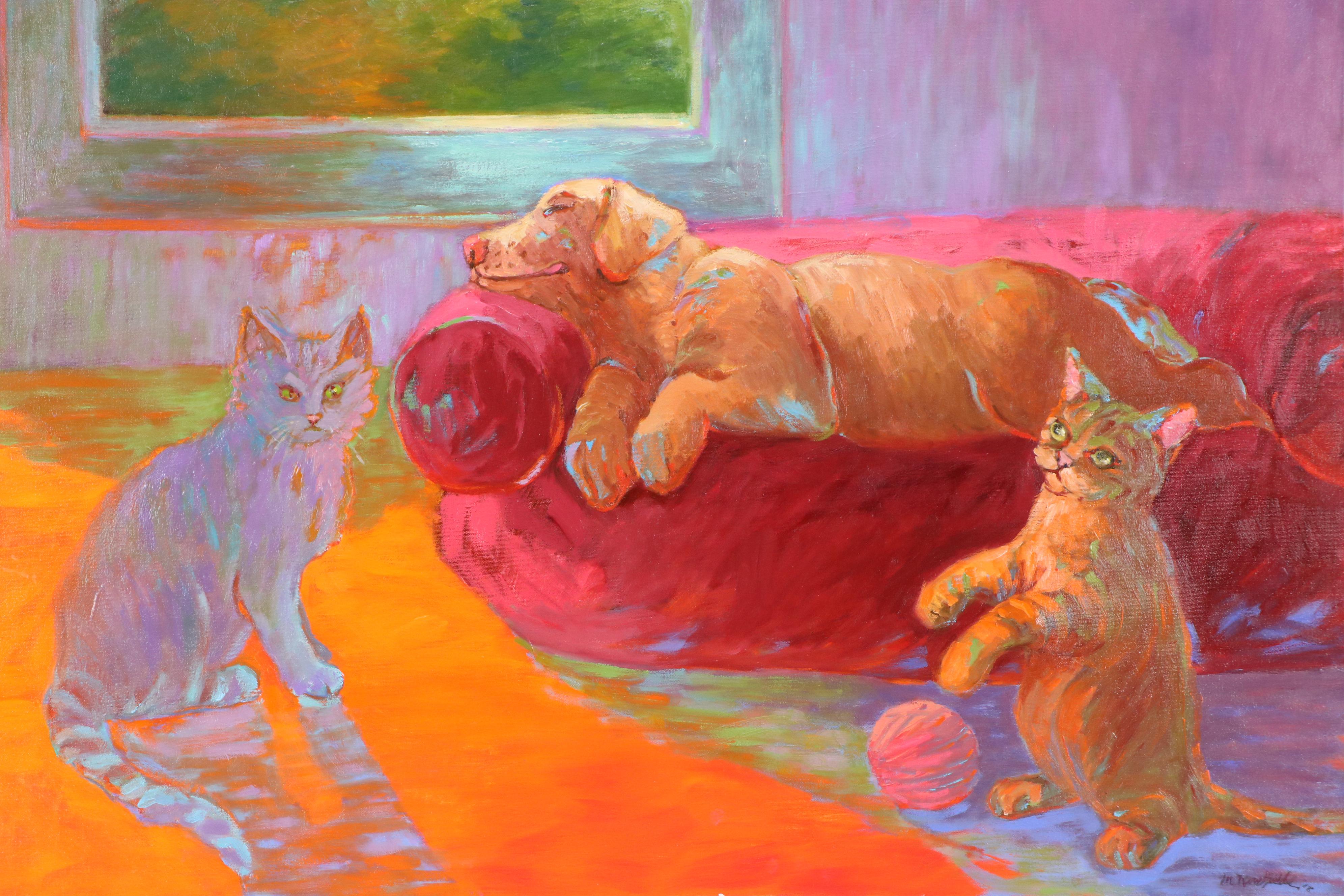 Martha Newfield Oil Painting of Cats and Dog "Ignorance Is Bliss," 2008