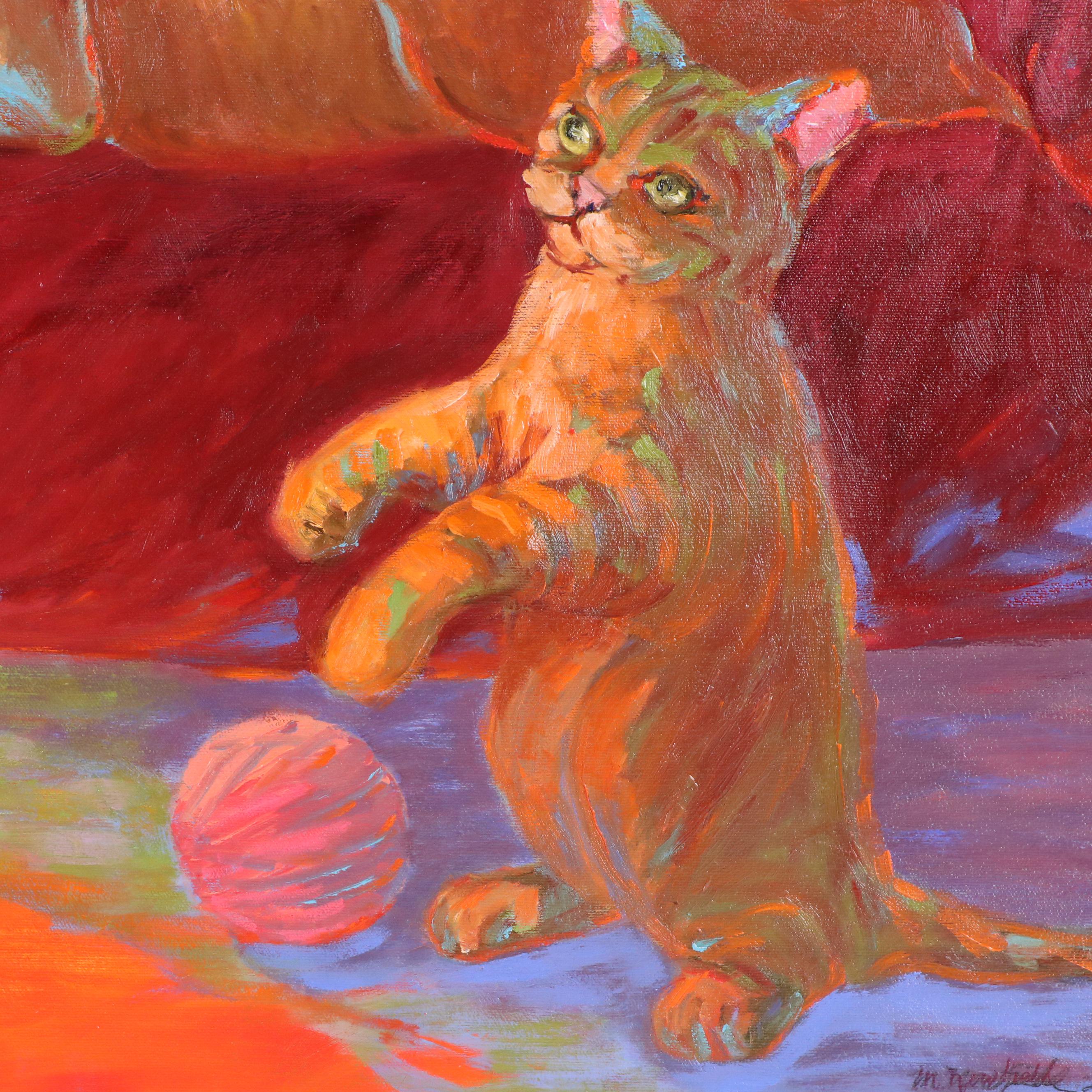 Martha Newfield Oil Painting of Cats and Dog "Ignorance Is Bliss," 2008