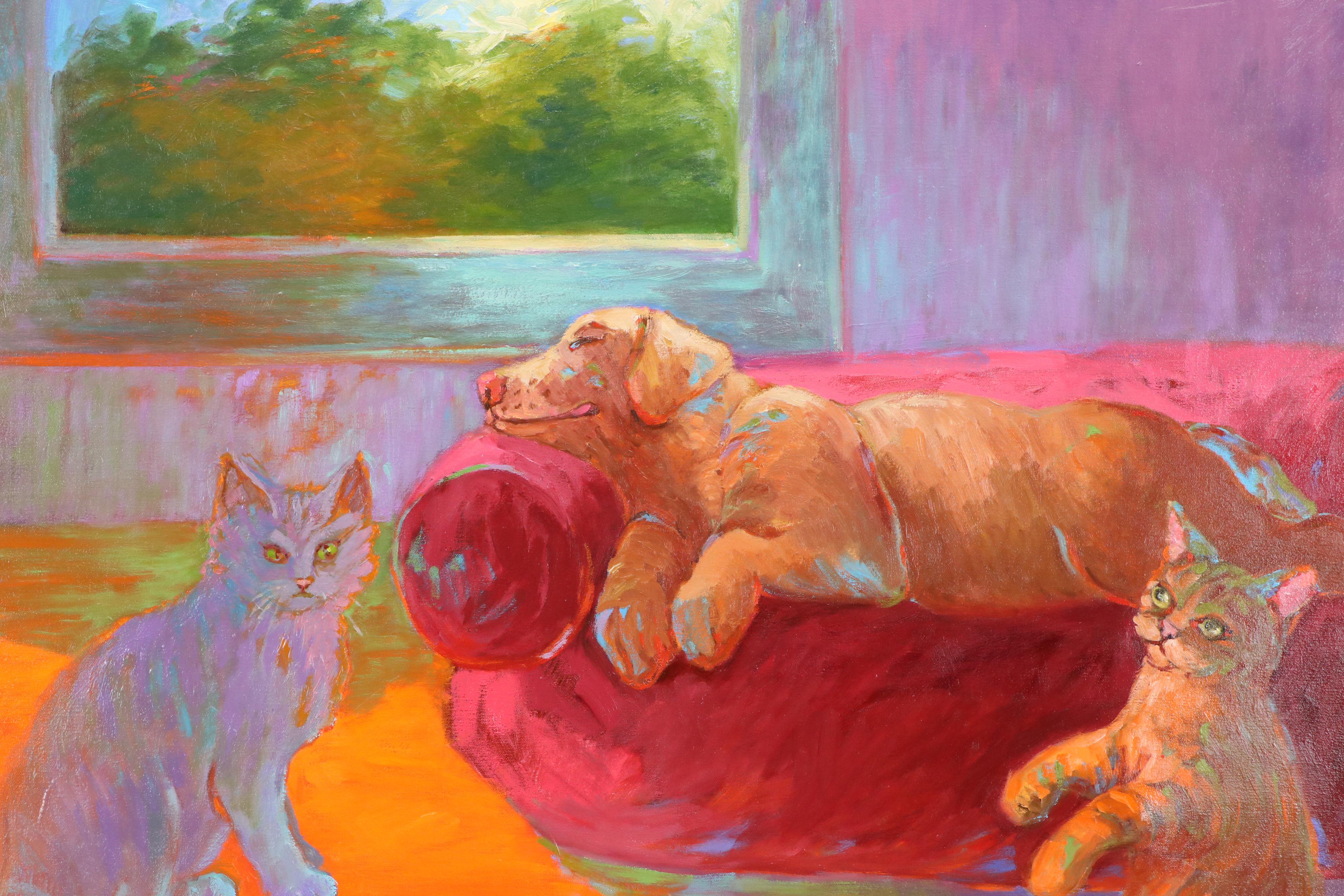 Martha Newfield Oil Painting of Cats and Dog "Ignorance Is Bliss," 2008