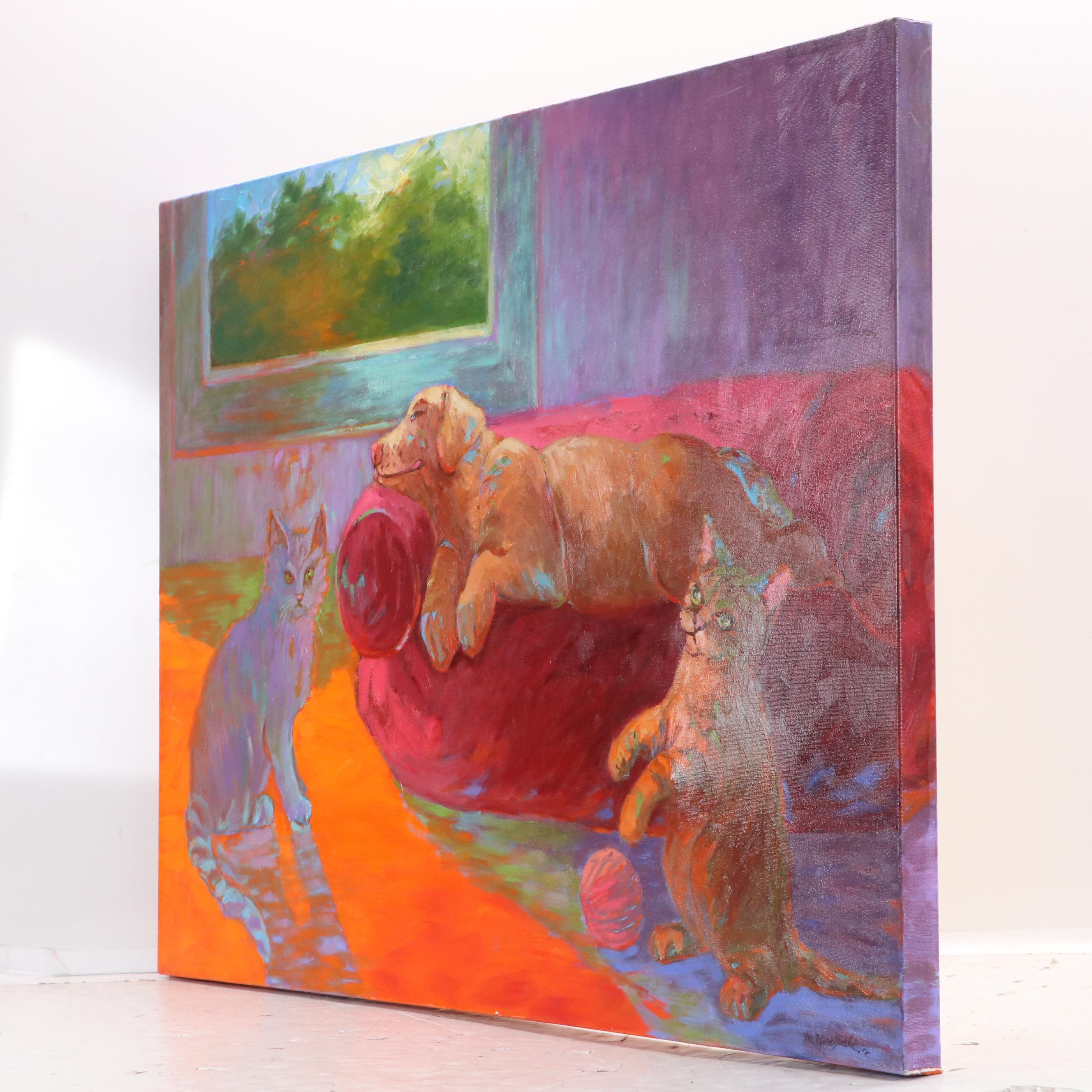Martha Newfield Oil Painting of Cats and Dog "Ignorance Is Bliss," 2008