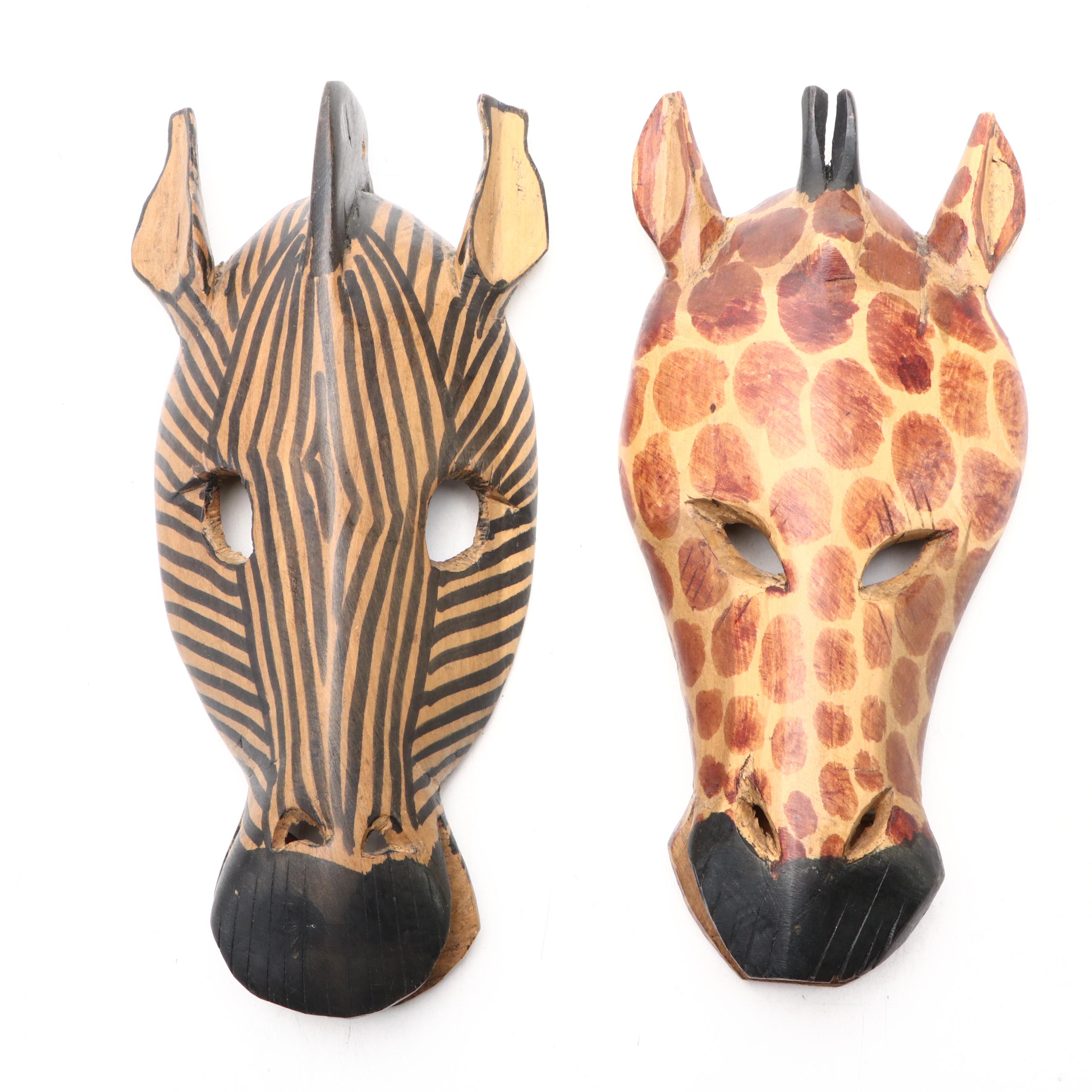 African Hand-Carved Wood Giraffe and Zebra Mask Wall Hanging