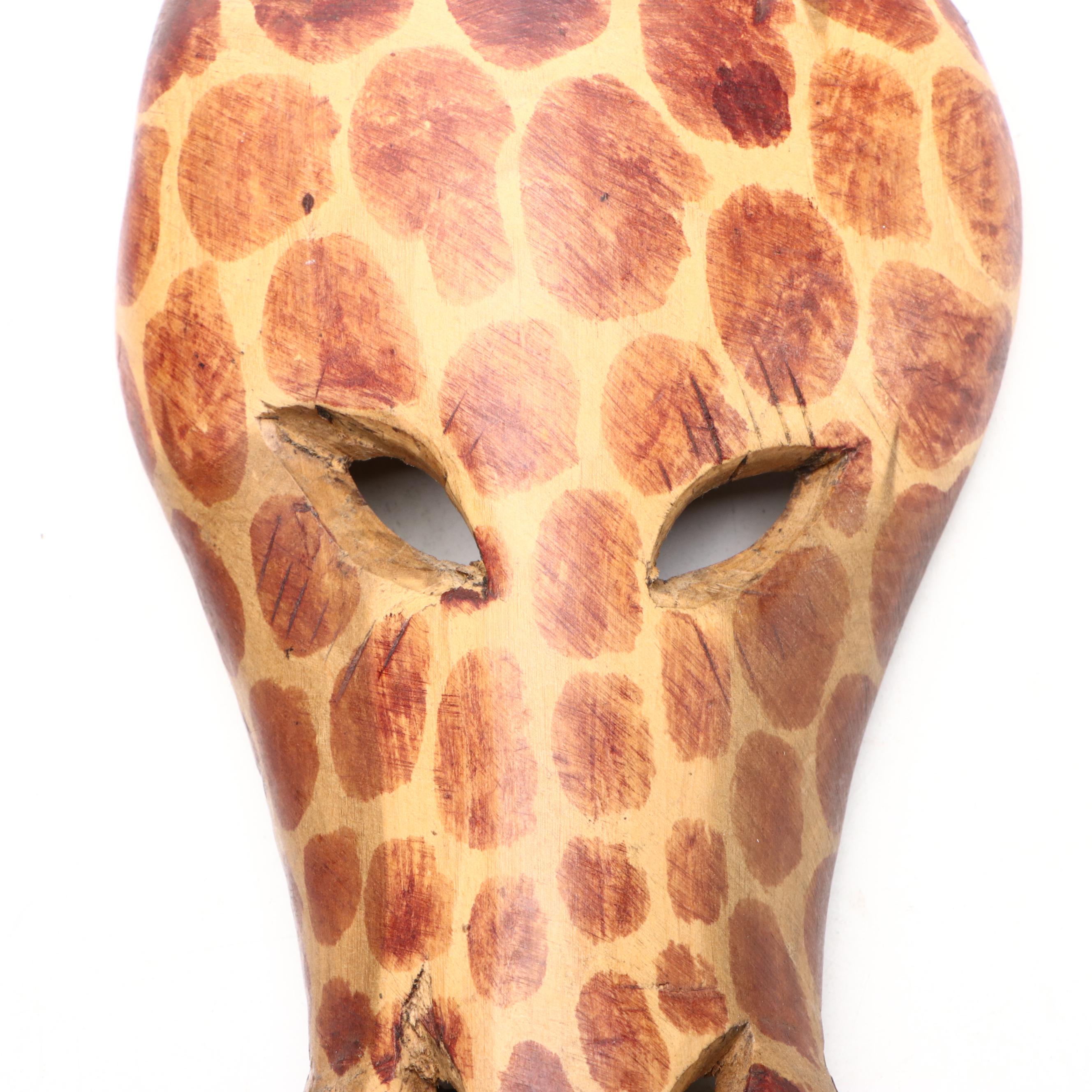 African Hand-Carved Wood Giraffe and Zebra Mask Wall Hanging