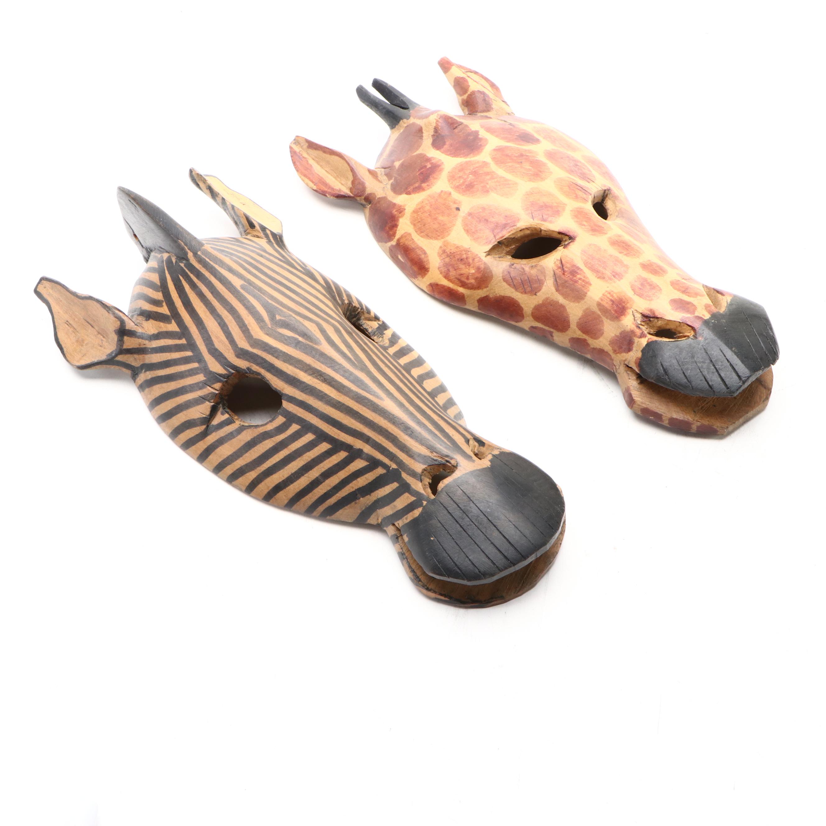 African Hand-Carved Wood Giraffe and Zebra Mask Wall Hanging