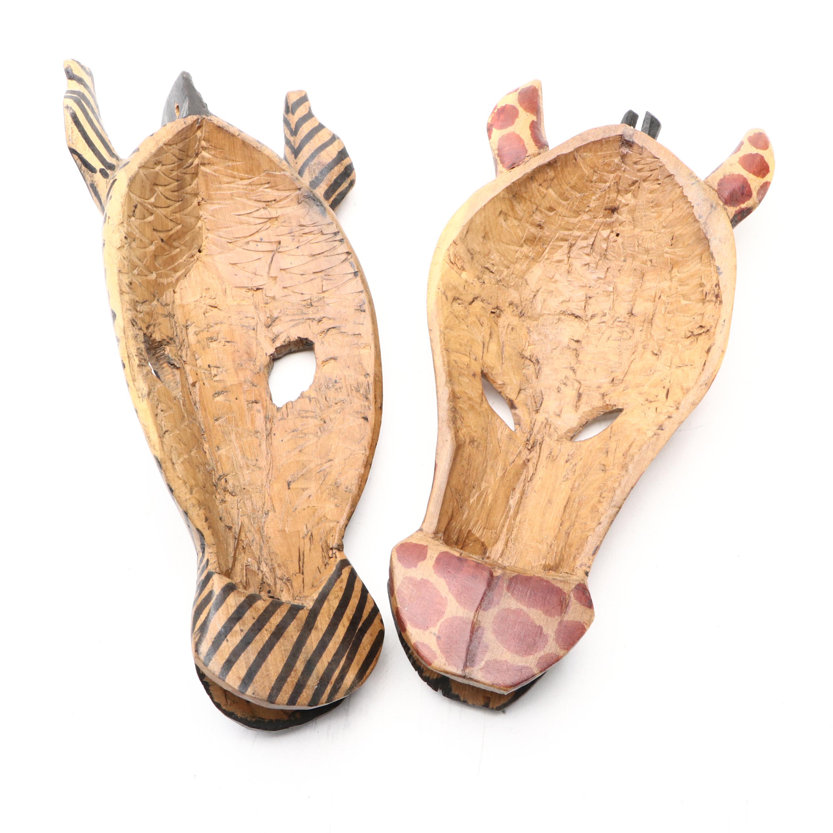 African Hand-Carved Wood Giraffe and Zebra Mask Wall Hanging