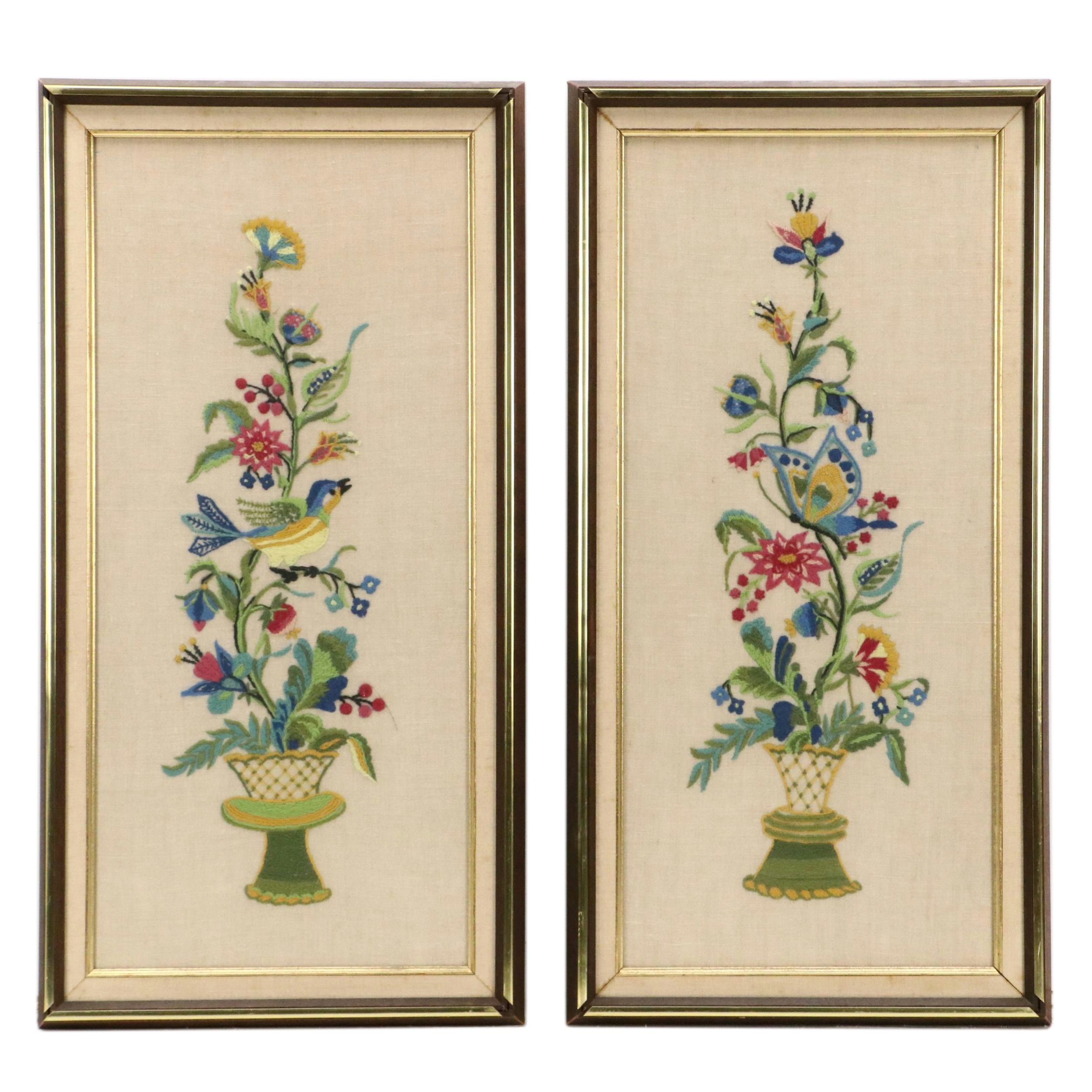 Two Crewel Embroidery Panels With Floral and Bird Motifs, 20th Century