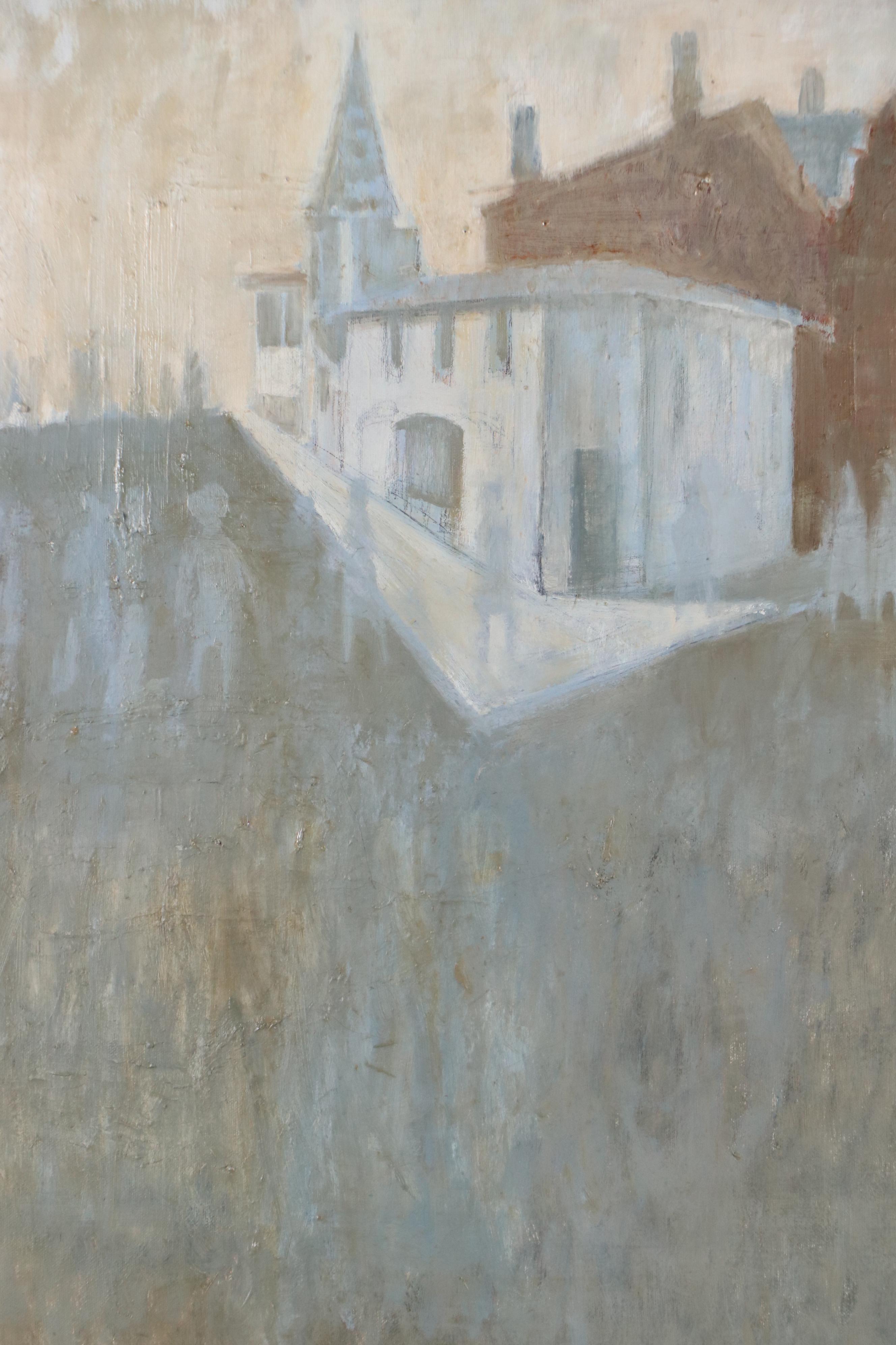 Carolyn R. Shine Oil Painting with Church and Figures, Mid-20th Century