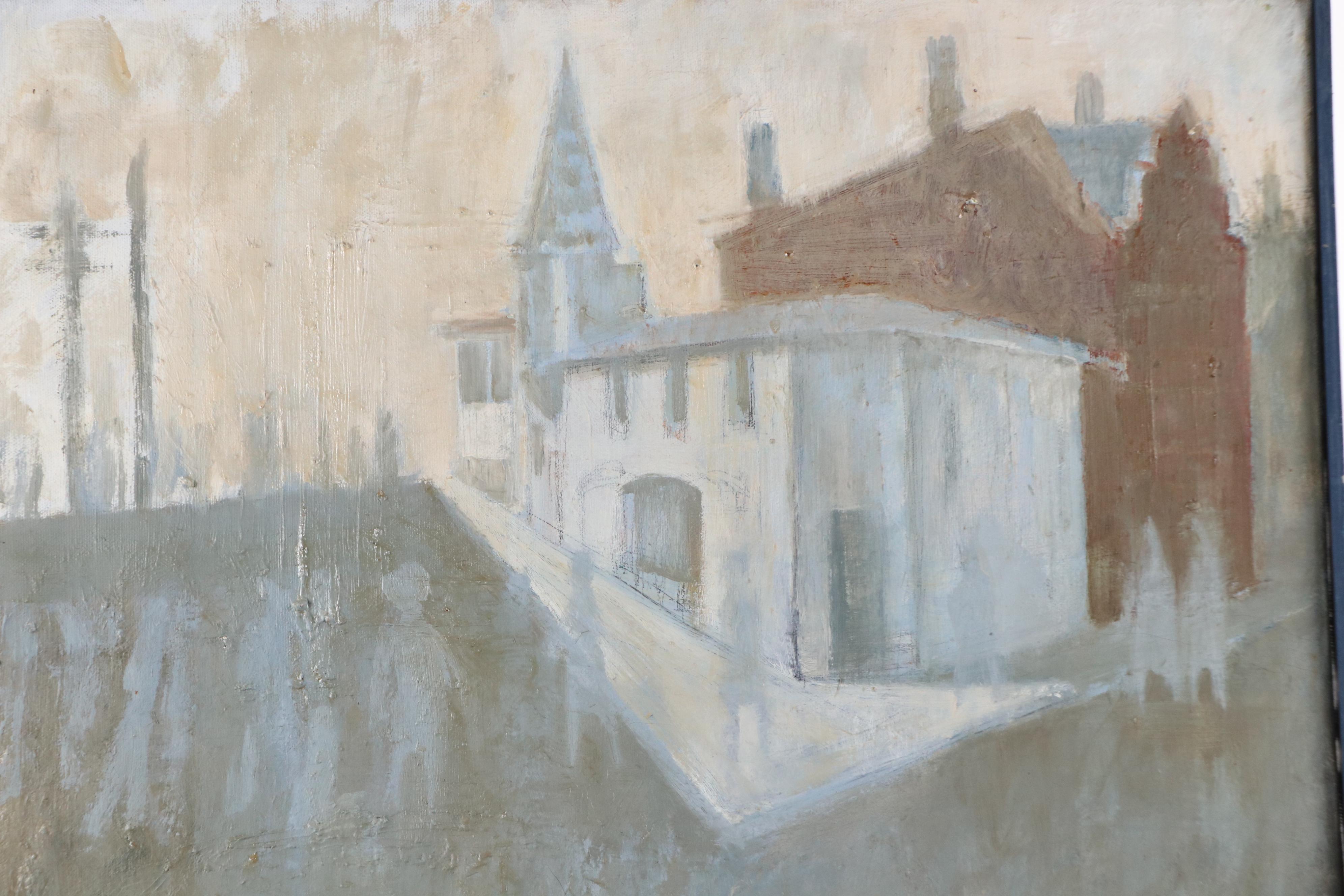 Carolyn R. Shine Oil Painting with Church and Figures, Mid-20th Century