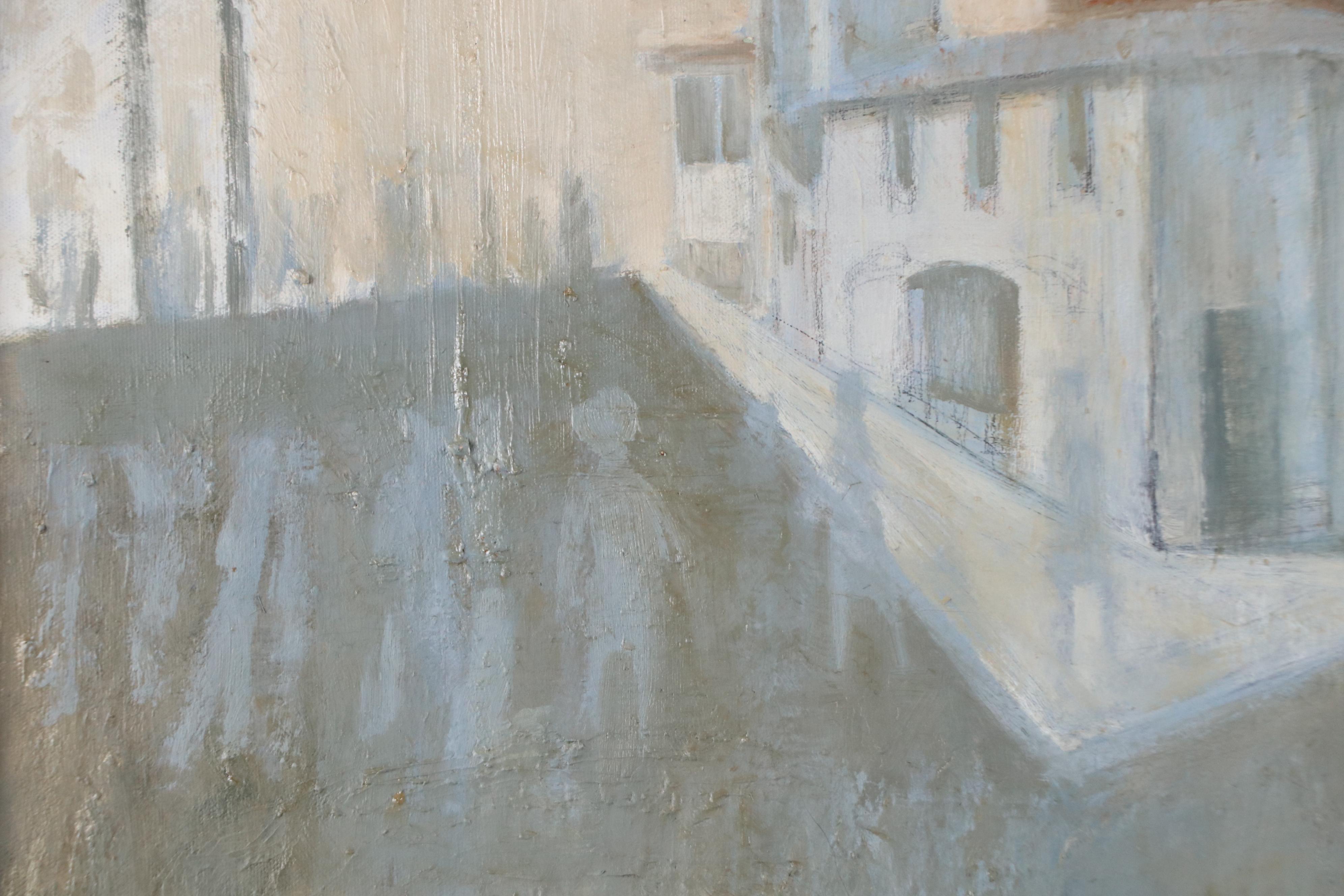 Carolyn R. Shine Oil Painting with Church and Figures, Mid-20th Century