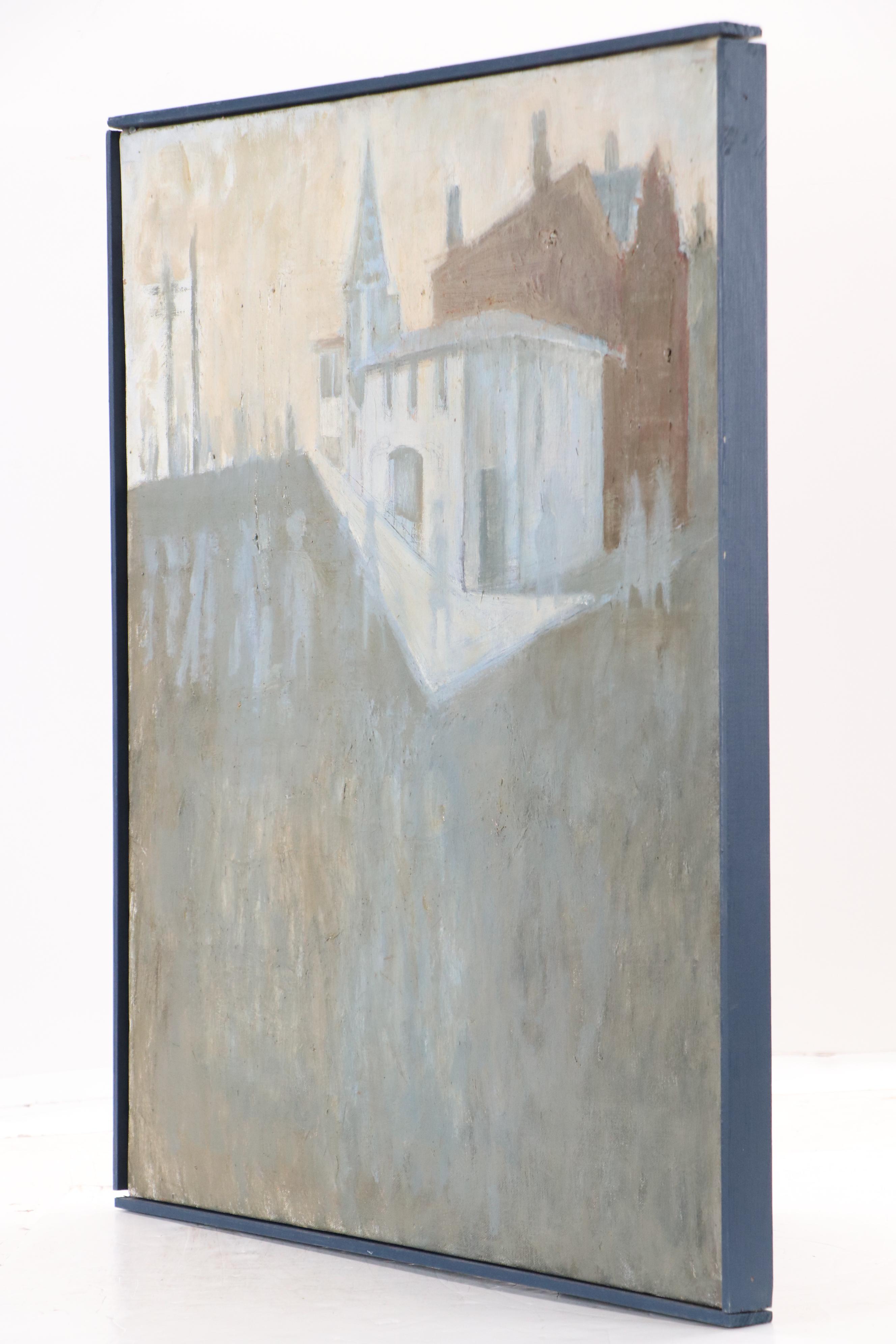 Carolyn R. Shine Oil Painting with Church and Figures, Mid-20th Century