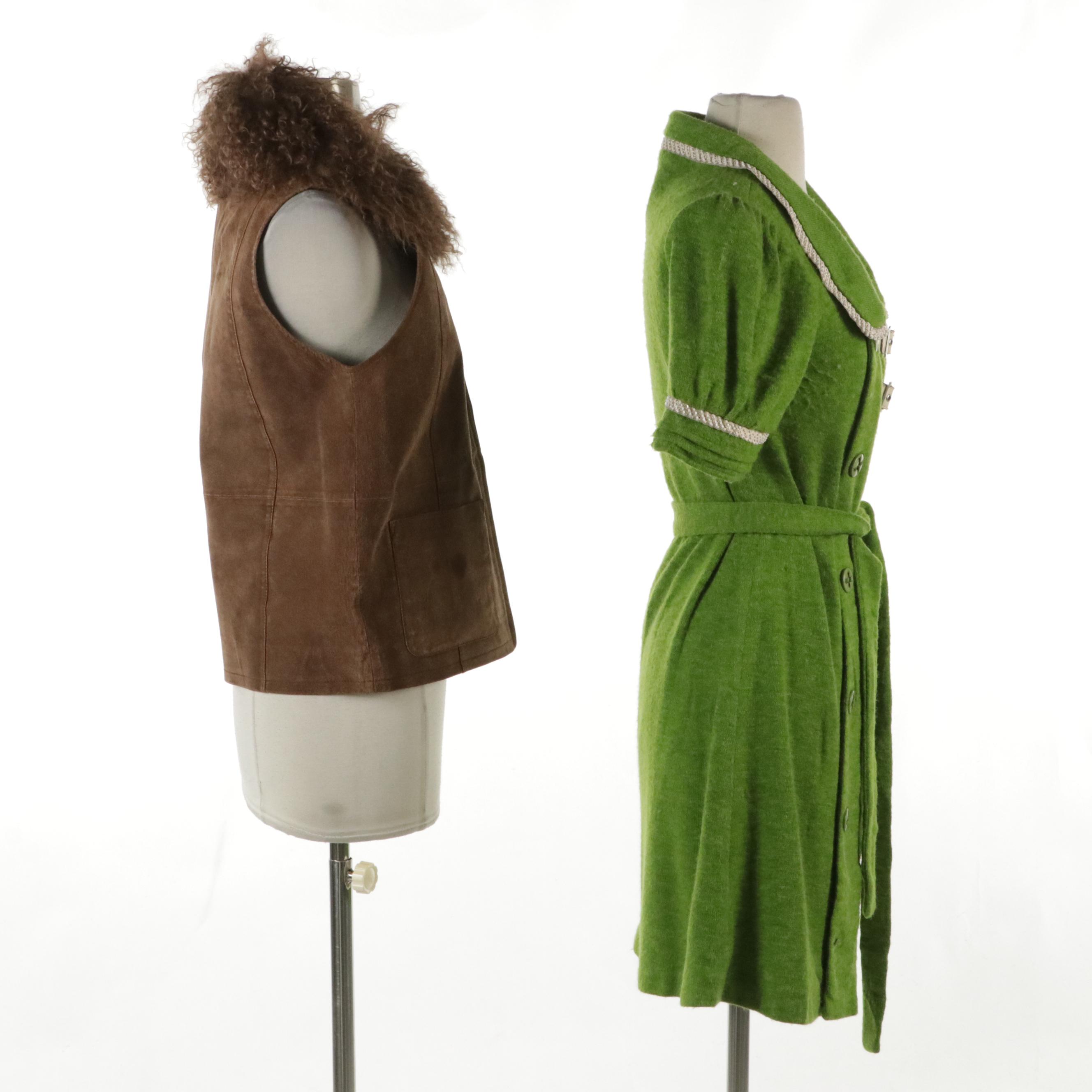 Lisa International Brown Suede Vest with Curly Lamb Fur Trim, Other Knit Sweater