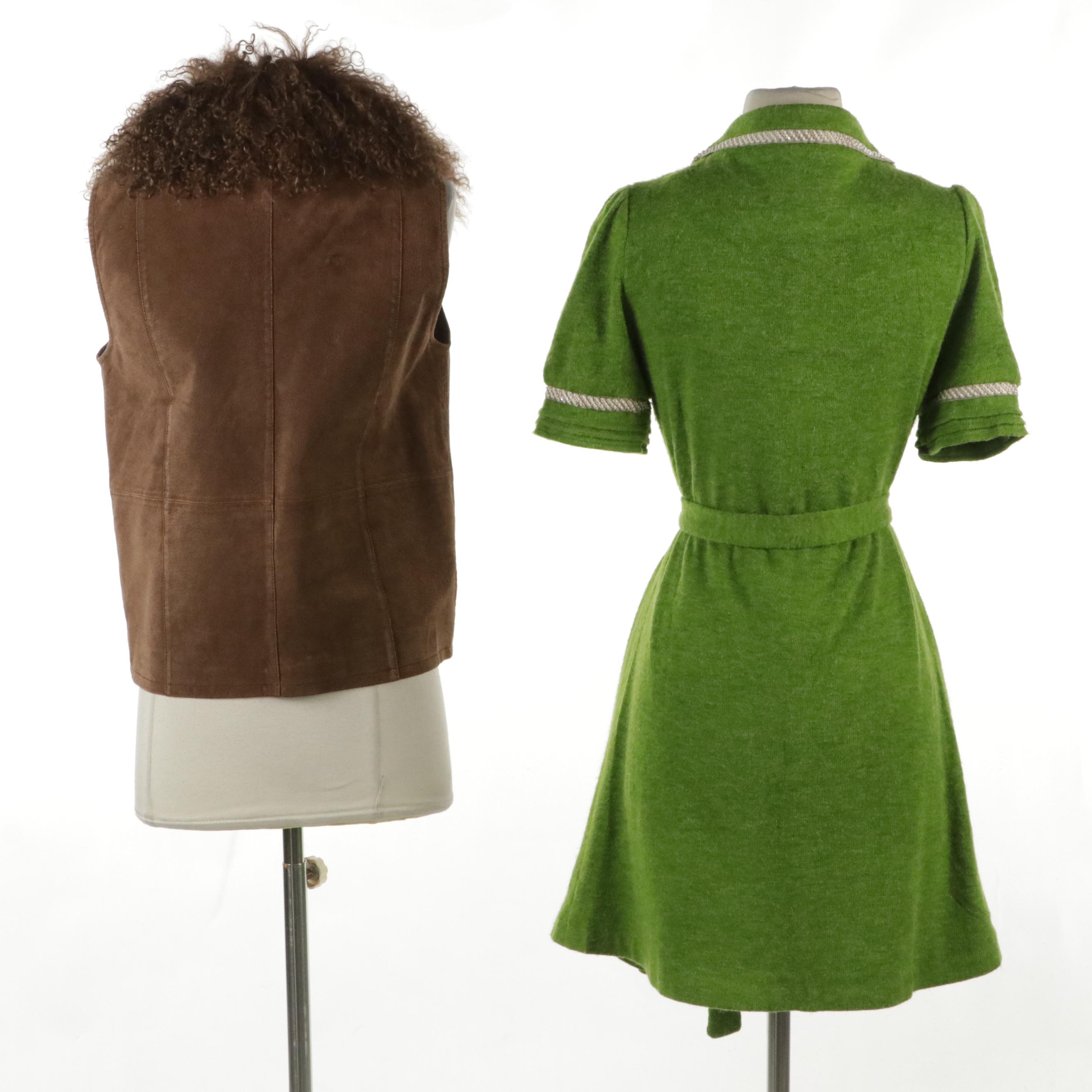 Lisa International Brown Suede Vest with Curly Lamb Fur Trim, Other Knit Sweater