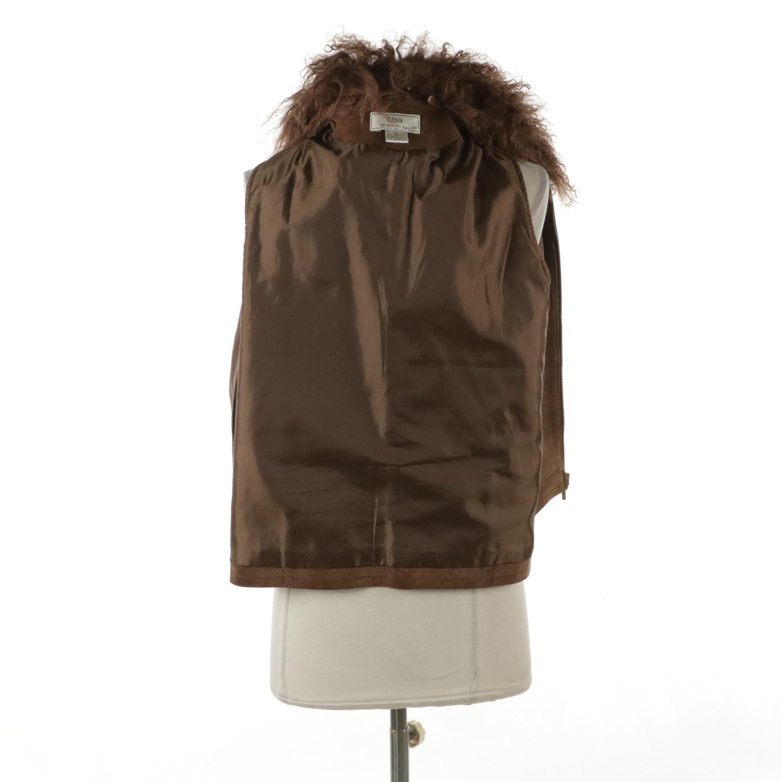 Lisa International Brown Suede Vest with Curly Lamb Fur Trim, Other Knit Sweater