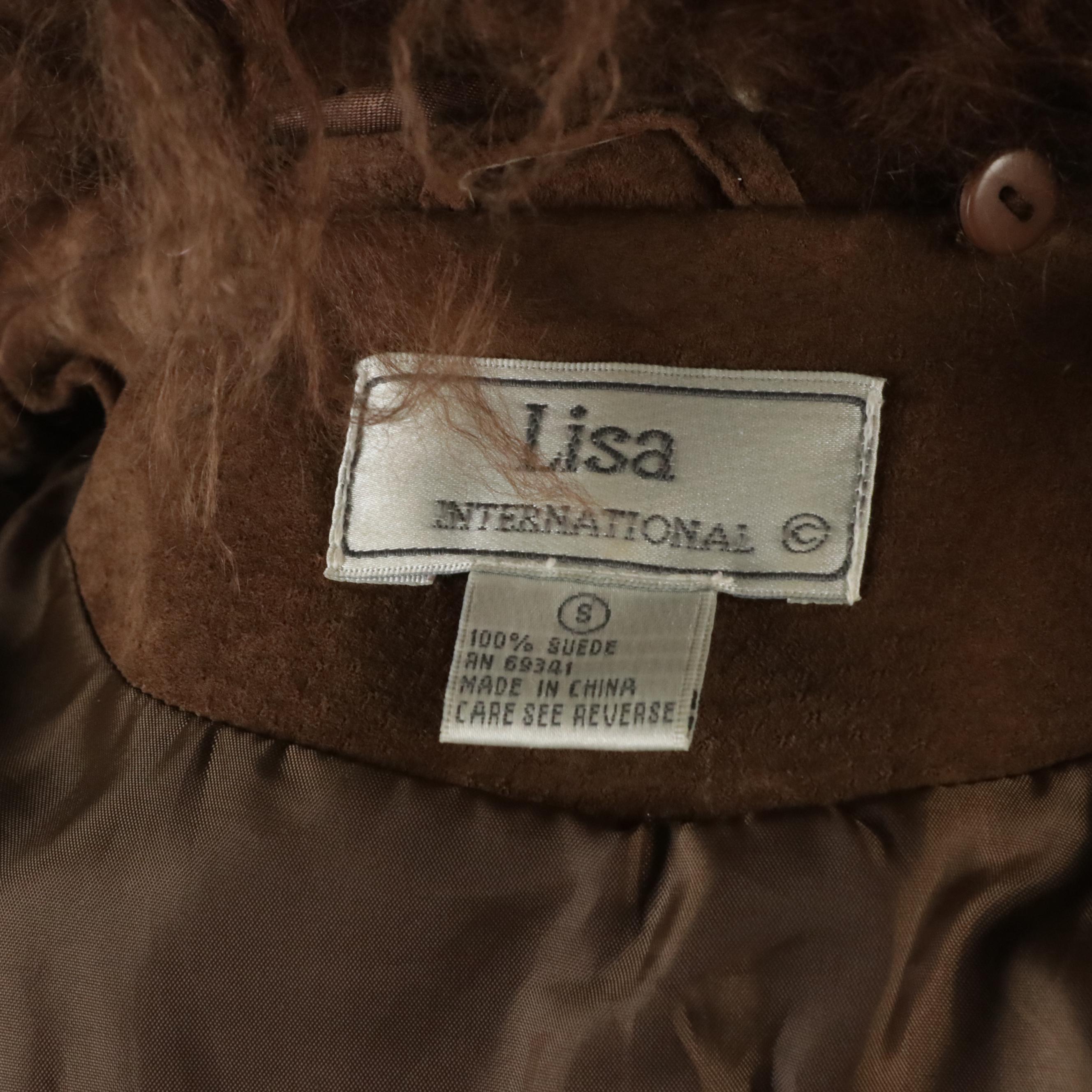 Lisa International Brown Suede Vest with Curly Lamb Fur Trim, Other Knit Sweater