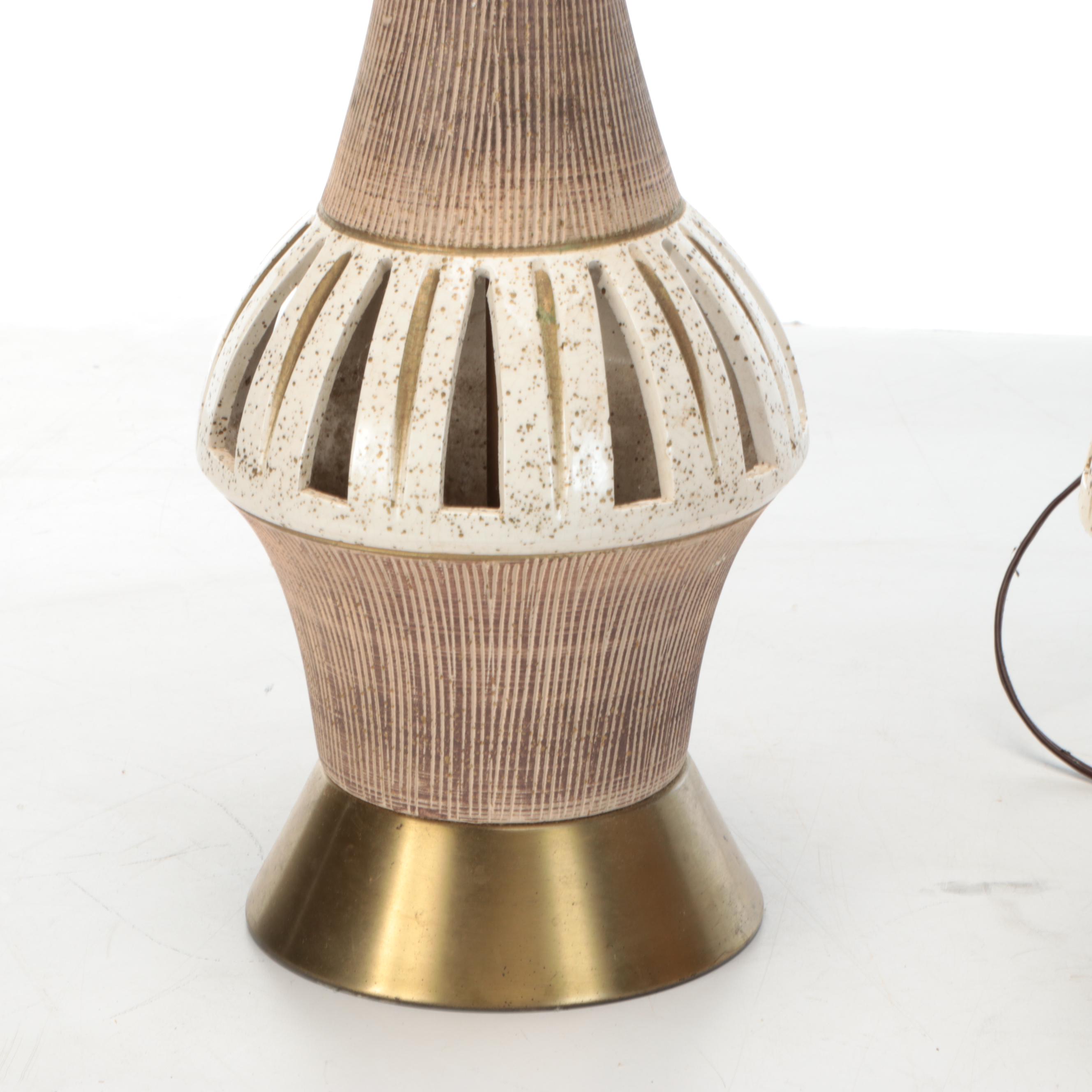 Pair of Mid Century Modern Reticulated Ceramic and Metal Table Lamps