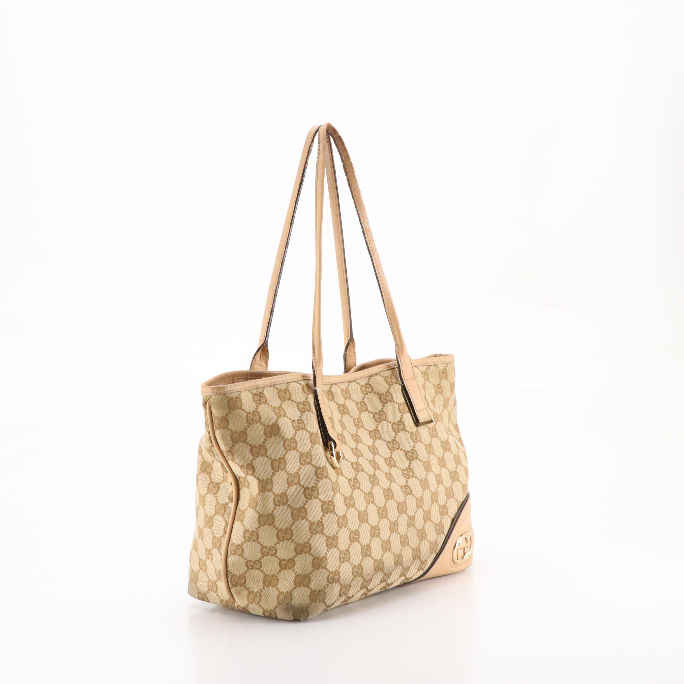 Gucci Britt Tote in GG Canvas and Brown Leather Trim